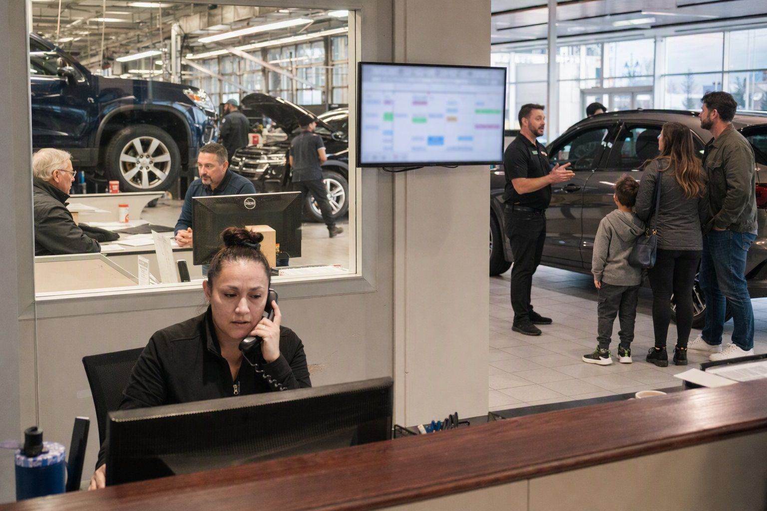 A busy automotive retail environment during the afternoon, composed as a split scene
