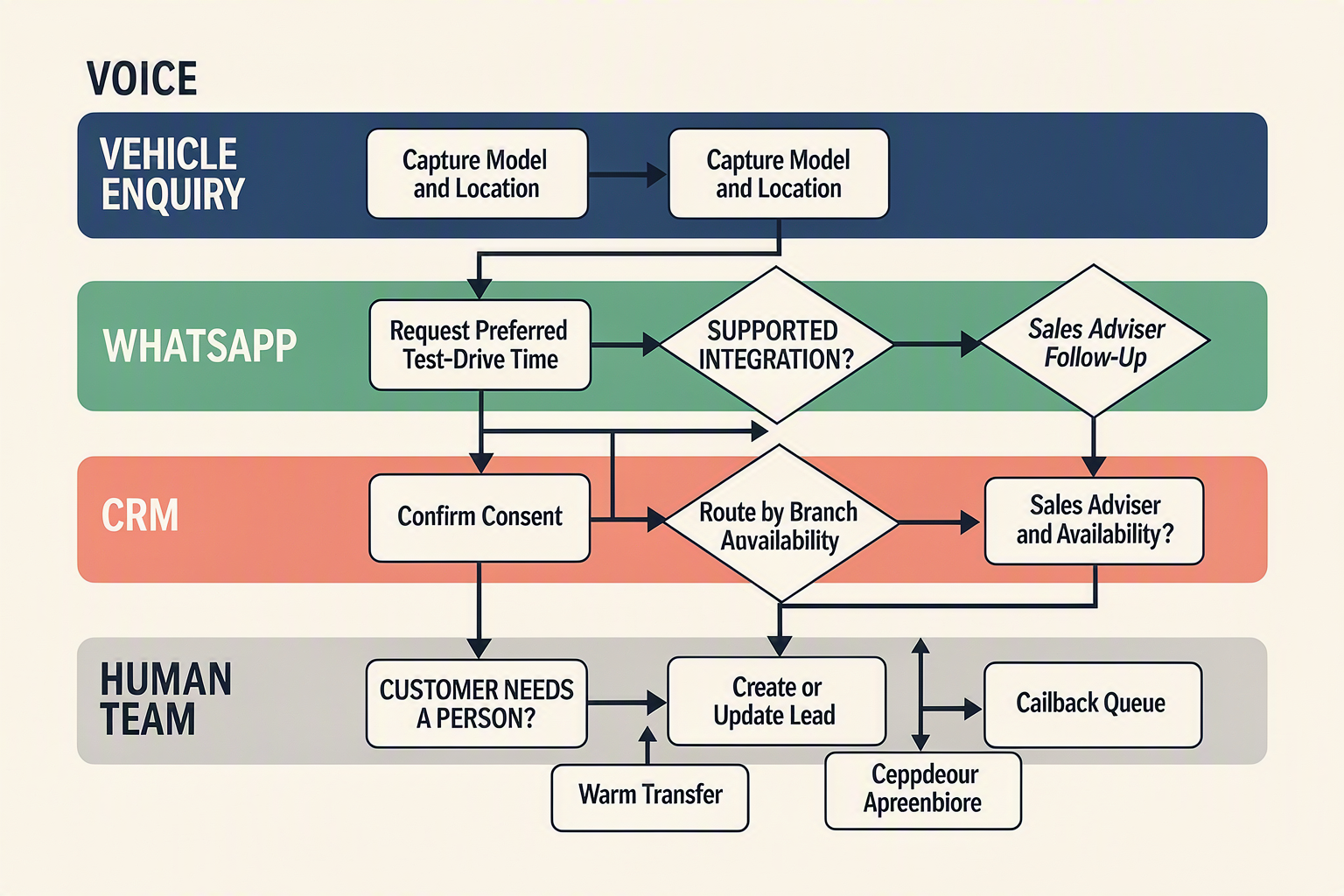 A four-lane journey-map infographic showing a dealership lead moving across VOICE, WHATSAPP, CRM, and HUMAN TEAM swimlanes