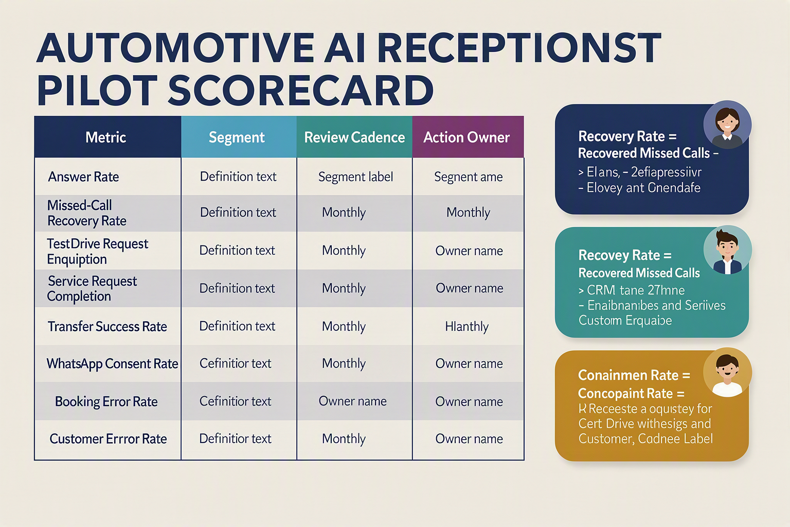 A performance-measurement infographic formatted as a table titled AUTOMOTIVE AI RECEPTIONIST PILOT SCORECARD