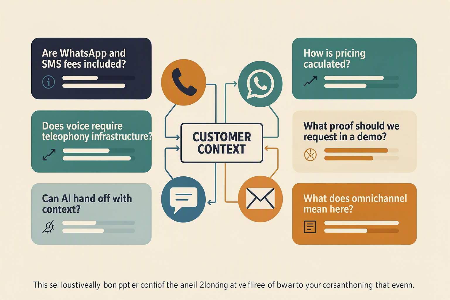 Design a FAQ infographic as a stack of six polished question cards around a central connected-channel illustration