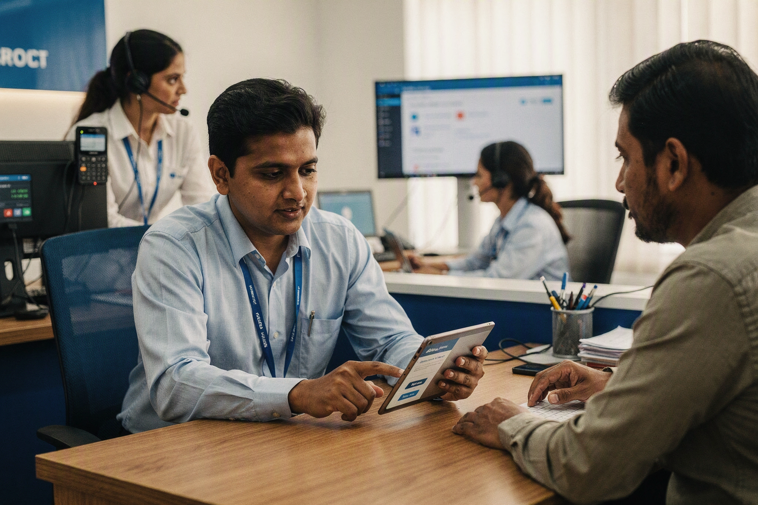 A respectful customer-support scene in a bright Indian bank or service office where a staff member explains an AI-assisted