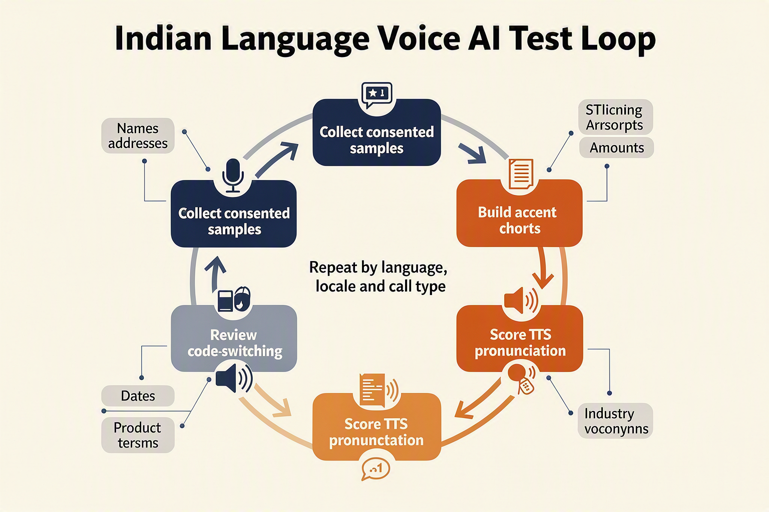A six-stage circular testing workflow titled Indian Language Voice AI Test Loop with clockwise arrows connecting rounded