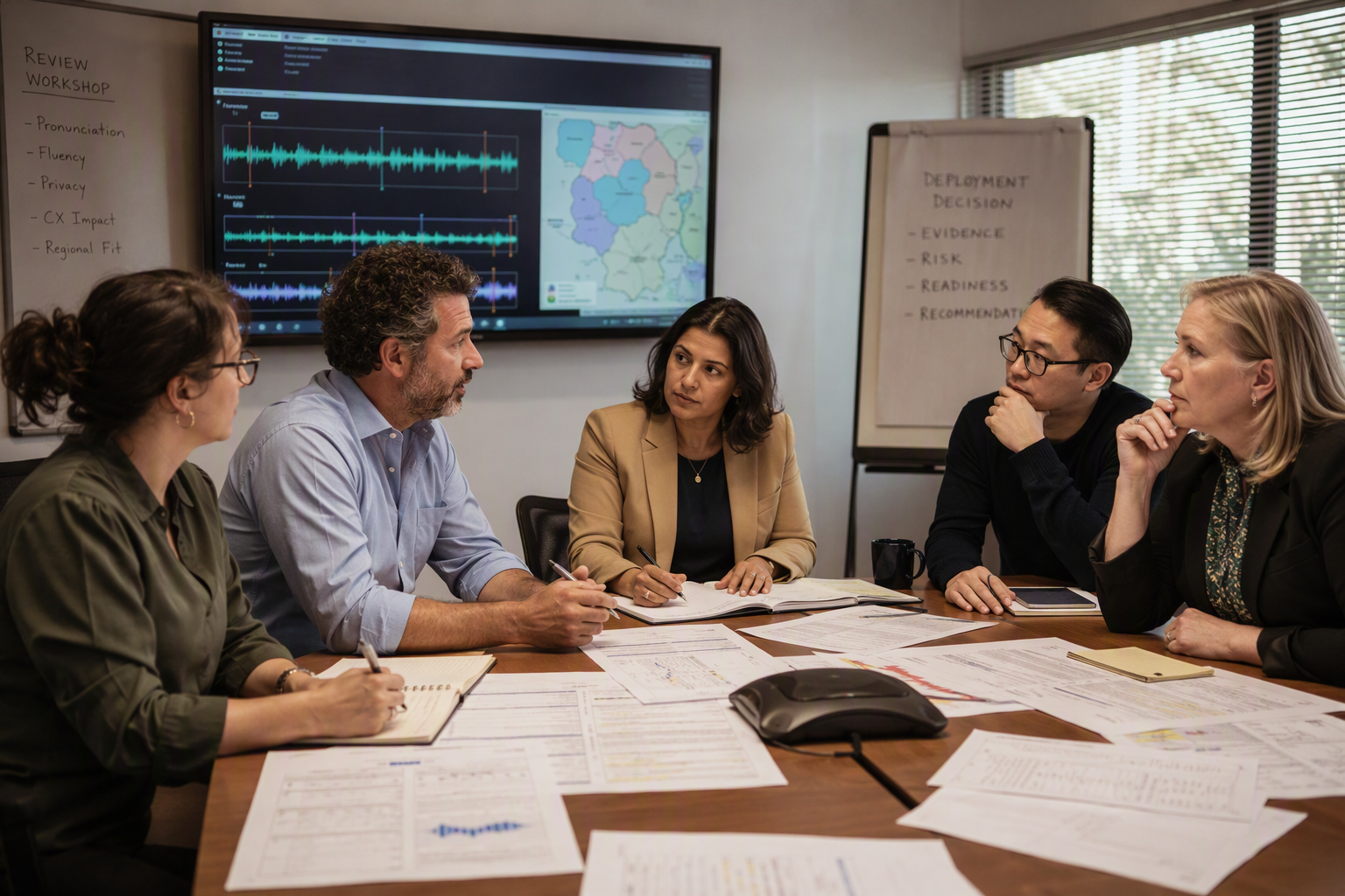 A multidisciplinary review workshop with a linguist, speech engineer, contact-center manager, privacy specialist and