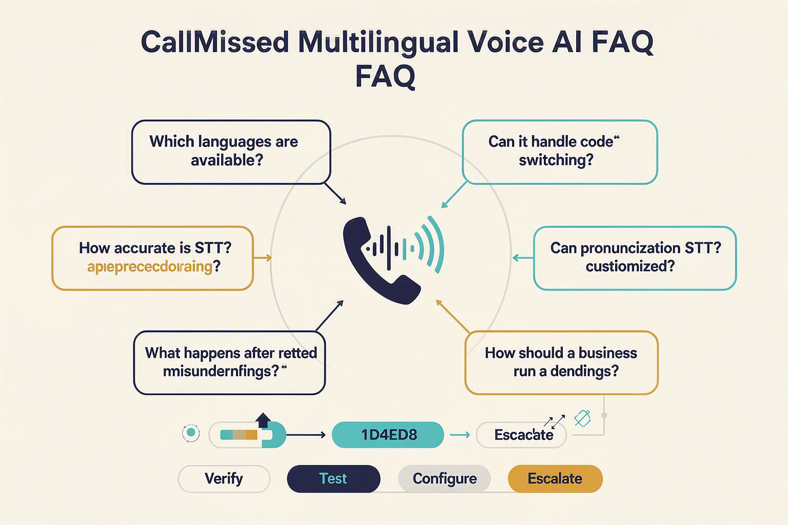 A structured FAQ knowledge map titled CallMissed Multilingual Voice AI FAQ with a central telephone-and-speech icon