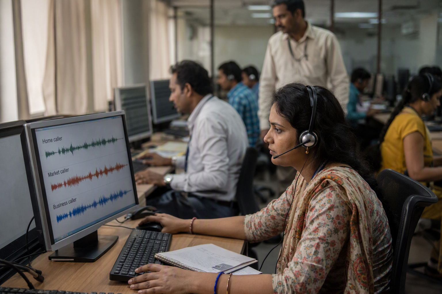 Inside a busy regional customer-service center in India, several agents speak with customers from different parts of the