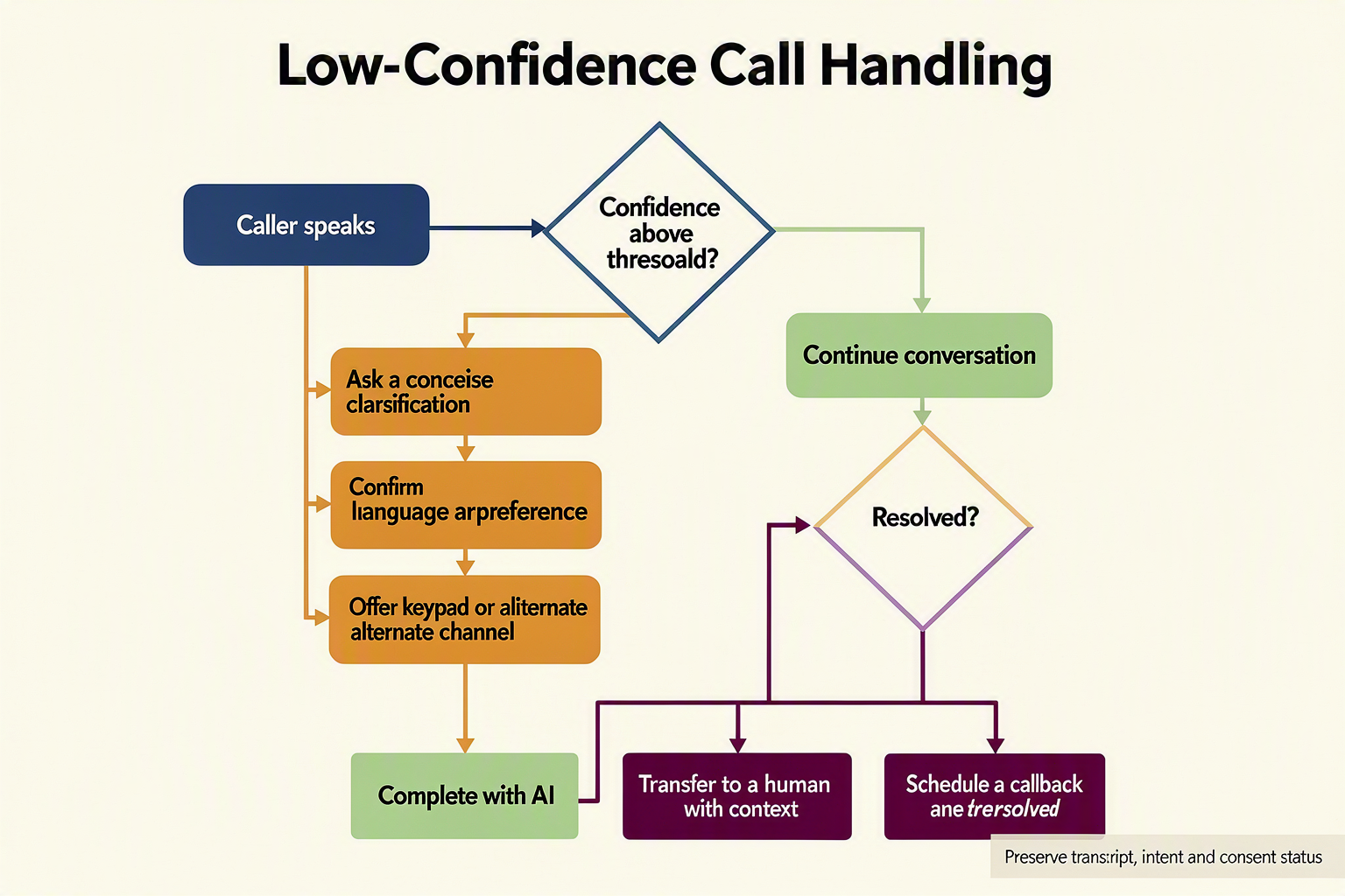 A branching fallback decision tree titled Low-Confidence Call Handling