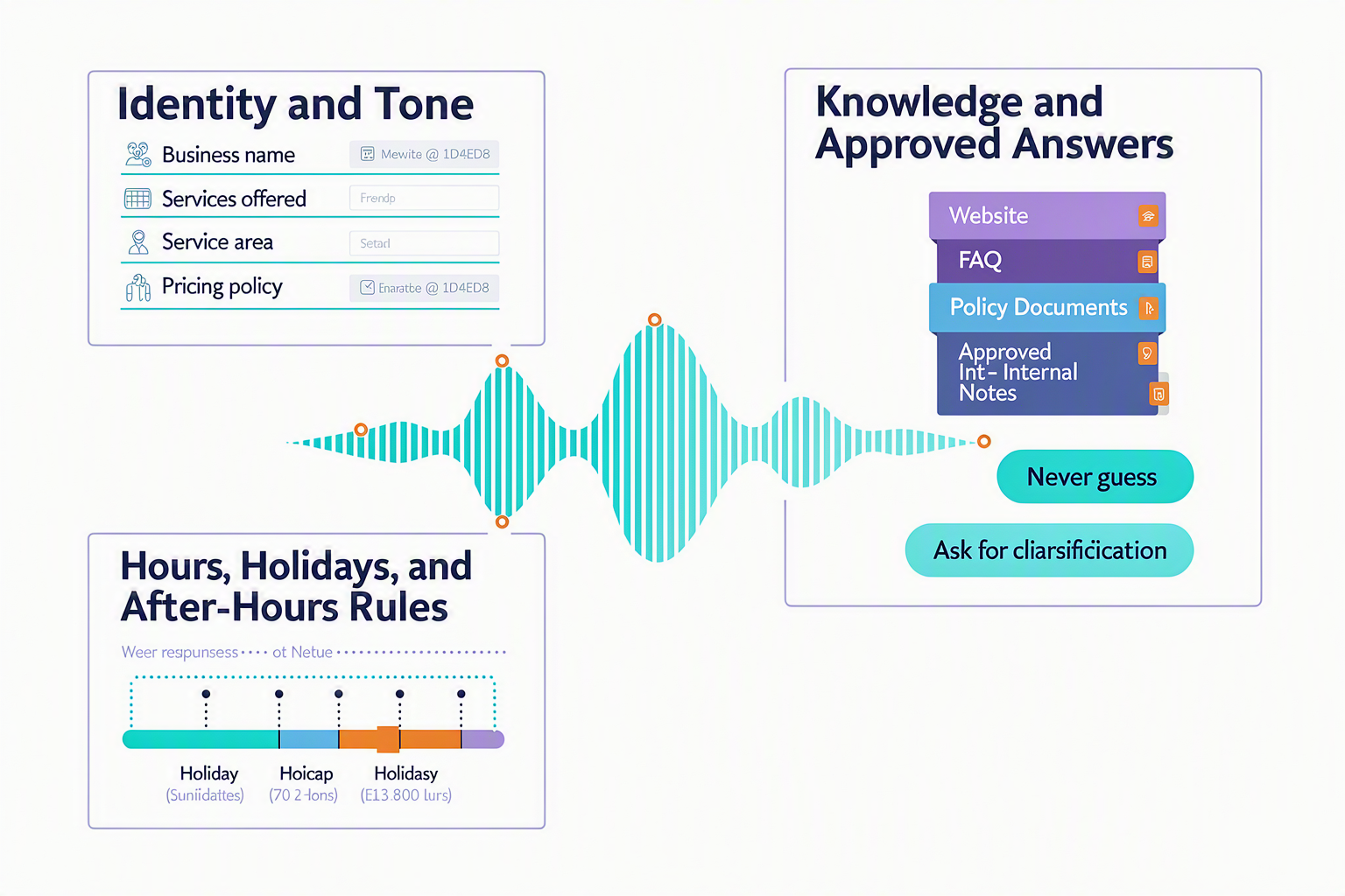 A configuration-workspace infographic titled VOICE AGENT CONFIGURATION arranged as four large panels around a central