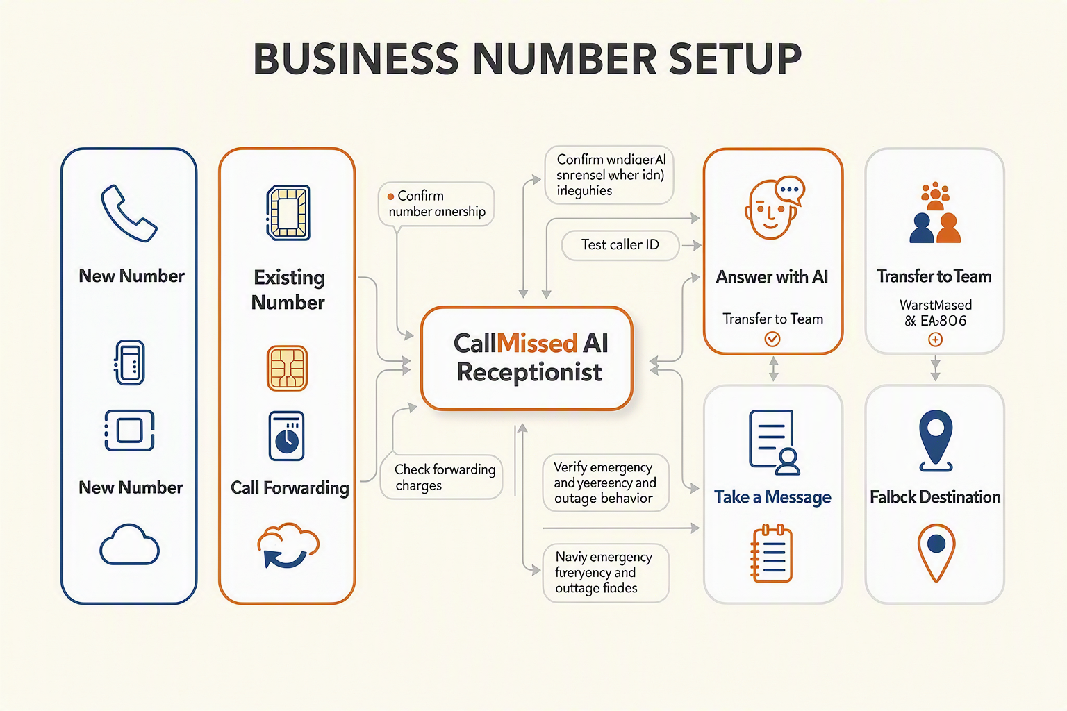 A detailed phone-routing flow diagram titled BUSINESS NUMBER SETUP