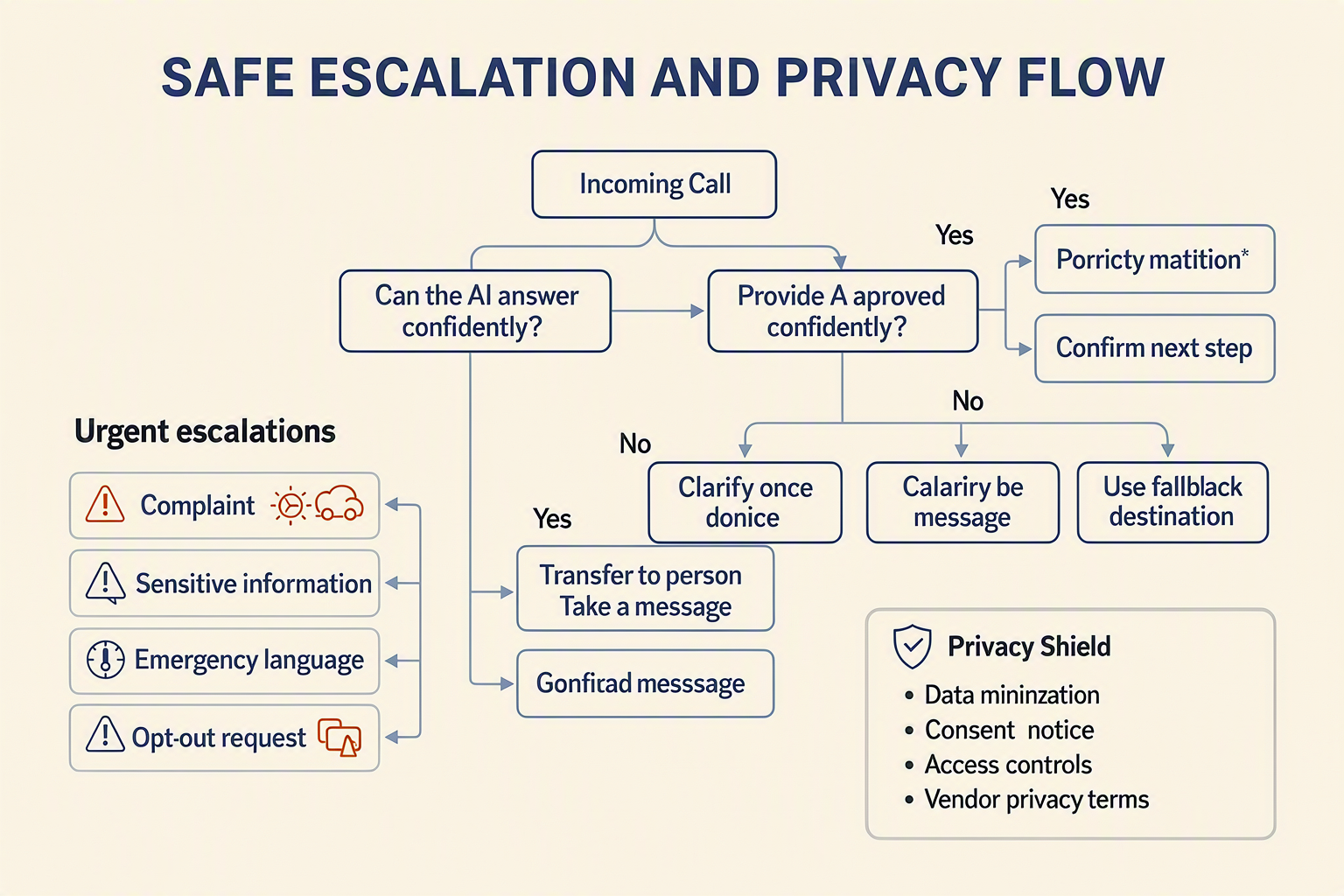 A branching decision-tree infographic titled SAFE ESCALATION AND PRIVACY FLOW beginning with Incoming Call and moving to the