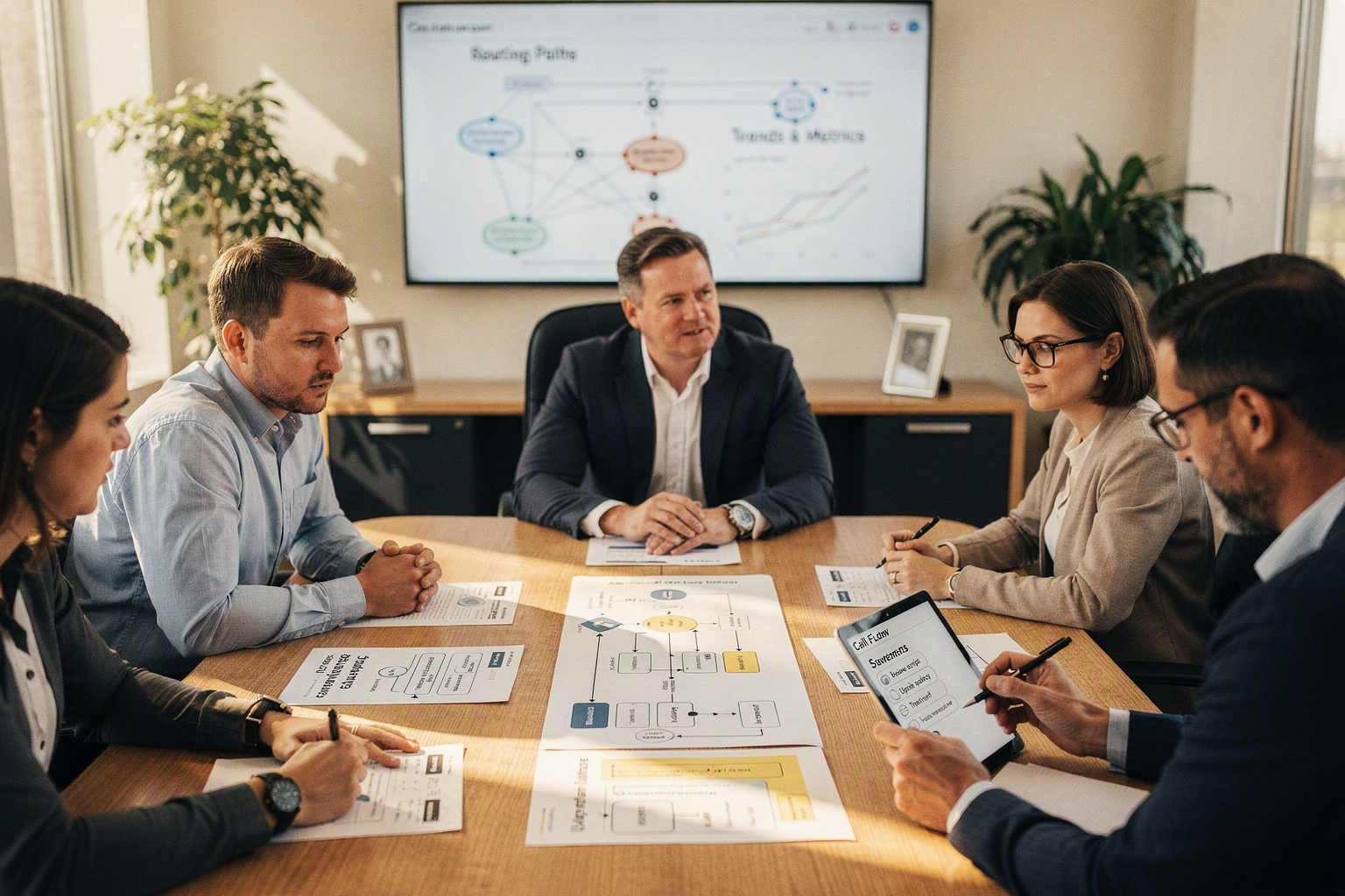 A collaborative review session inside a bright small-business conference room, with the owner, customer-service lead, IT