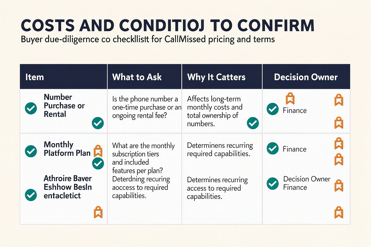 A buyer due-diligence table infographic titled COSTS AND CONDITIONS TO CONFIRM