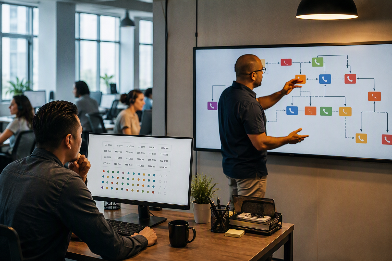A split-screen editorial scene inside a growing service business