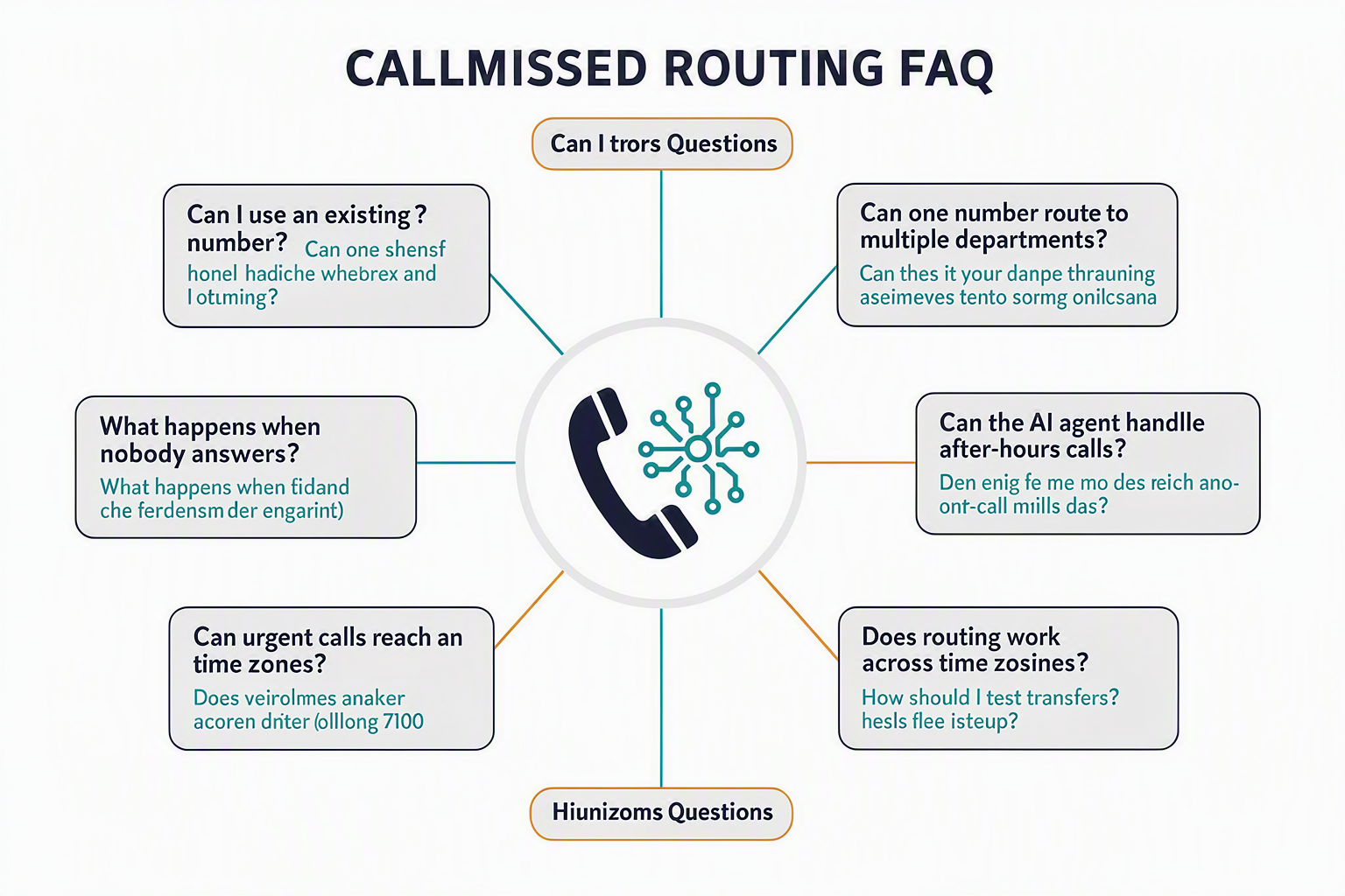 A visual FAQ knowledge-map infographic titled CALLMISSED ROUTING FAQ