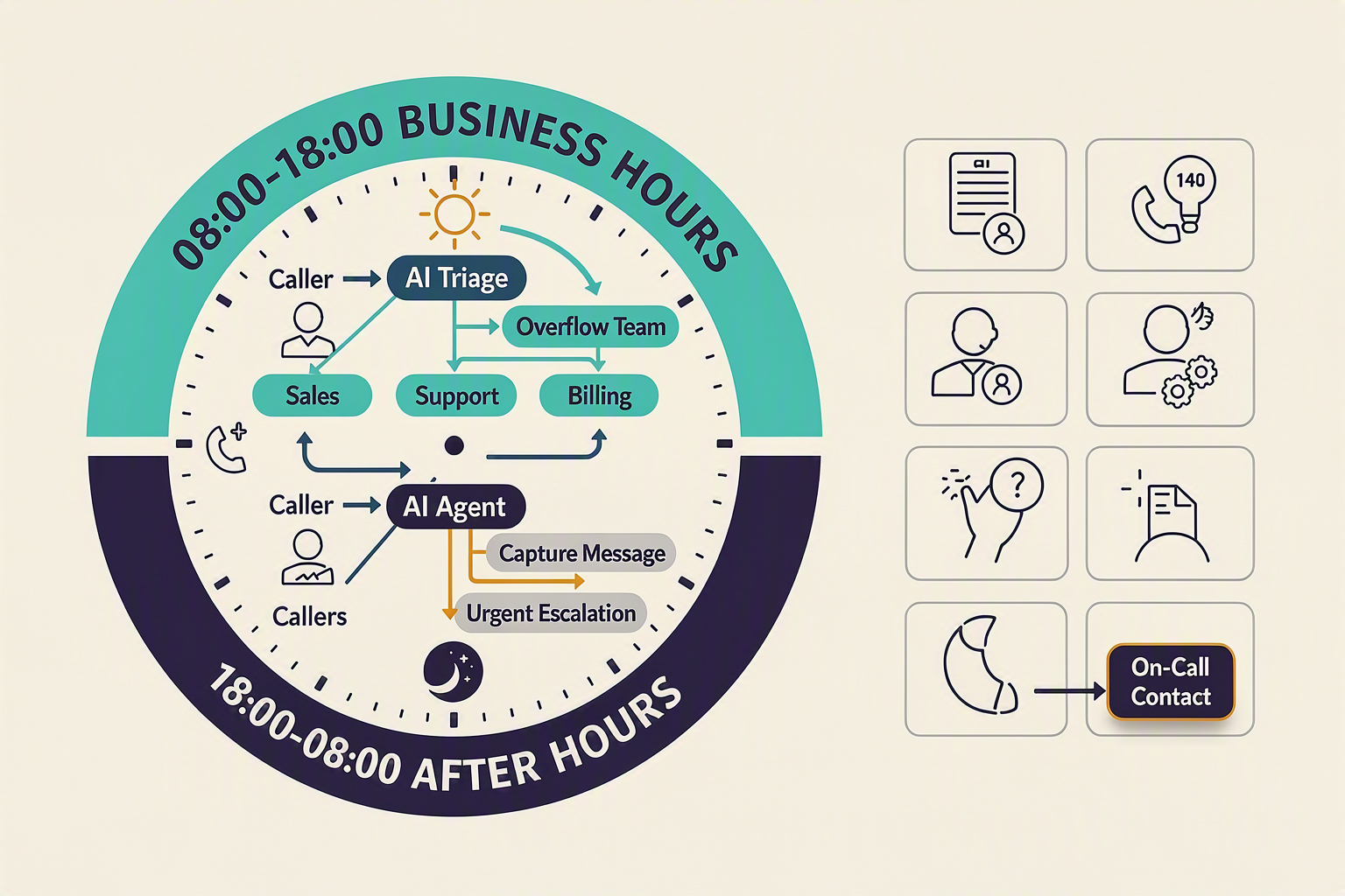 A 24-hour circular routing-clock infographic titled BUSINESS-HOURS AND AFTER-HOURS ROUTING