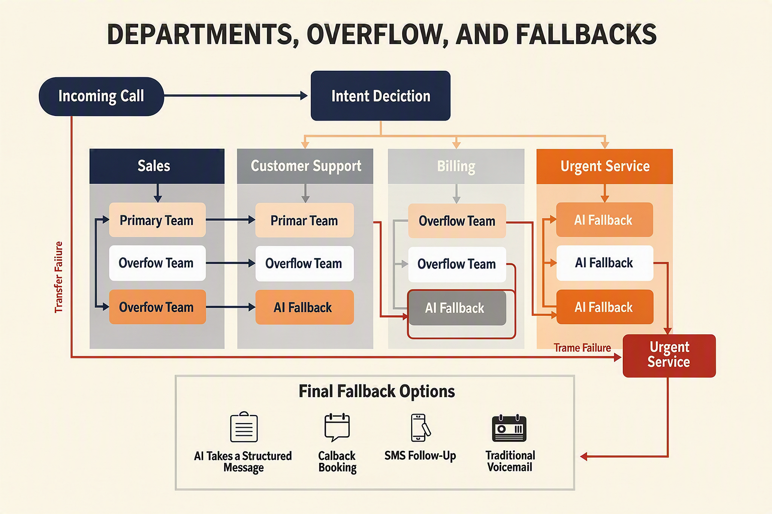 A detailed call-flow architecture infographic titled DEPARTMENTS, OVERFLOW, AND FALLBACKS