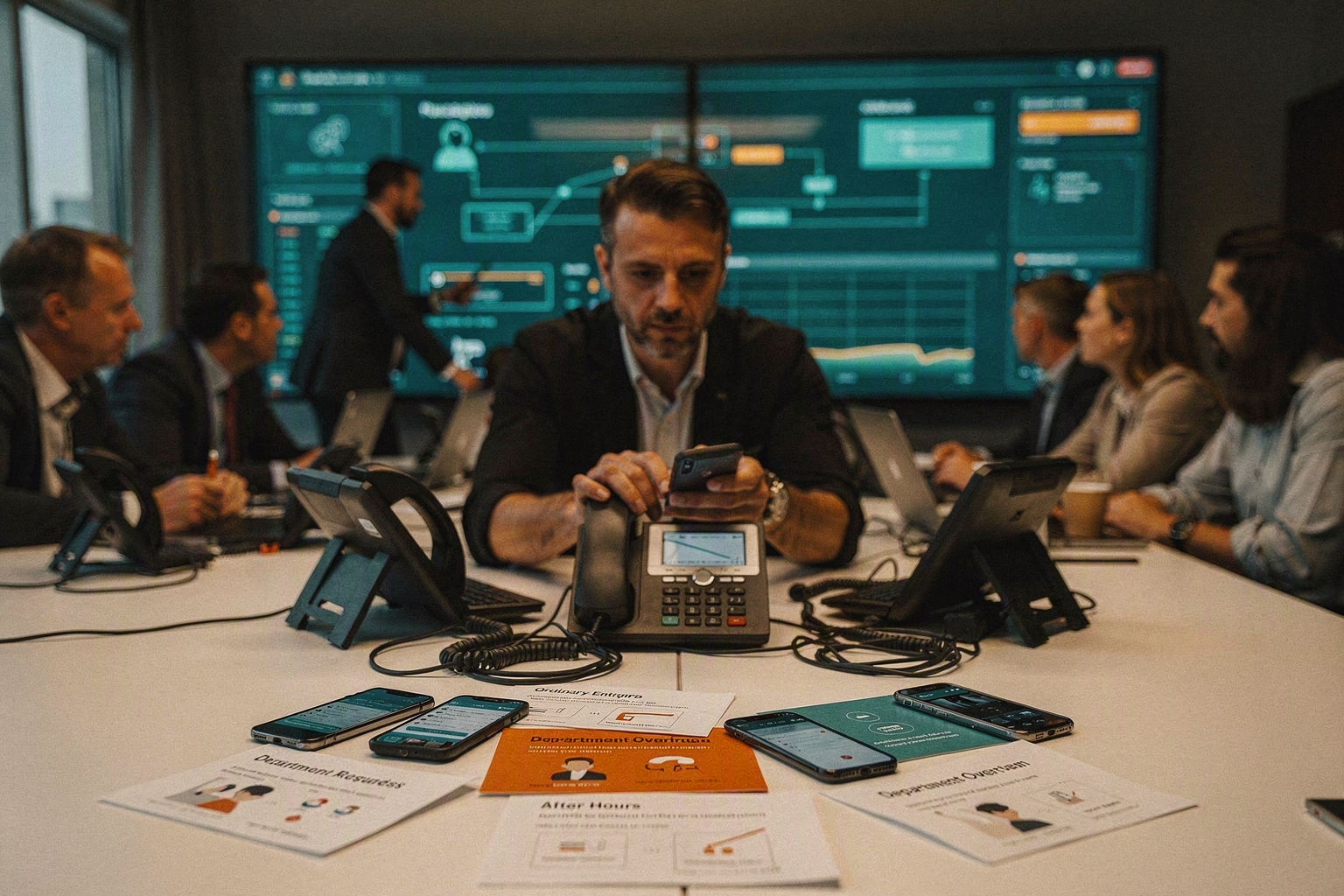 An operations war-room scene during a controlled phone-system launch