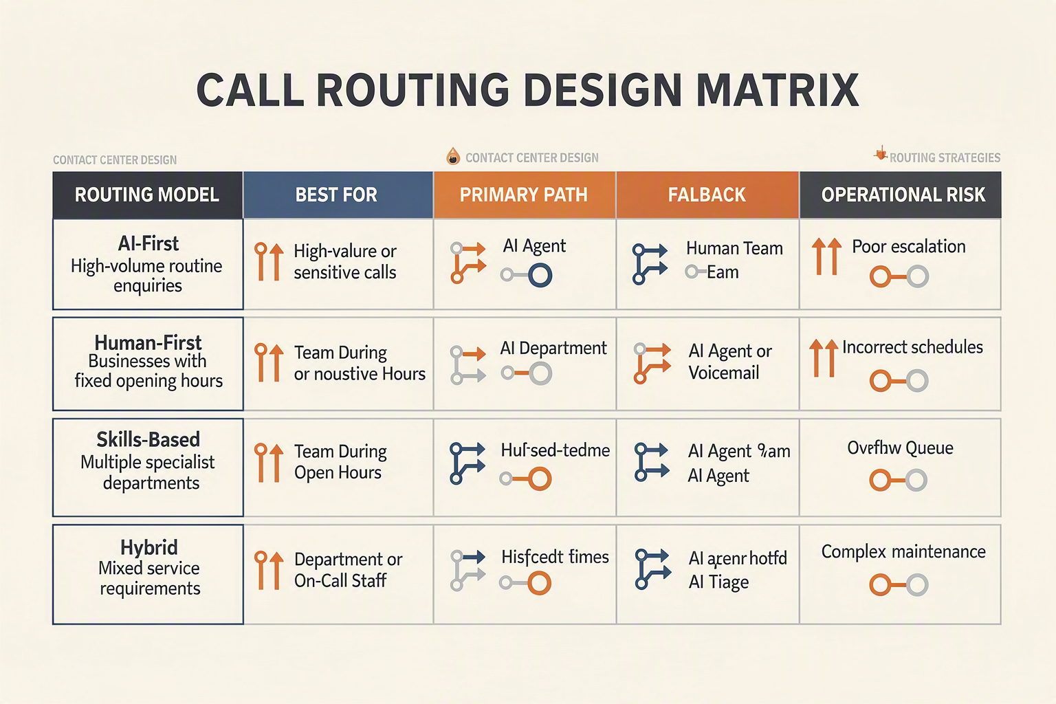 A polished comparison-table infographic titled CALL ROUTING DESIGN MATRIX