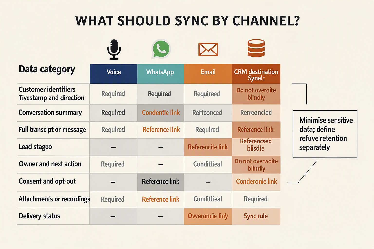 A detailed comparison-table infographic titled WHAT SHOULD SYNC BY CHANNEL?