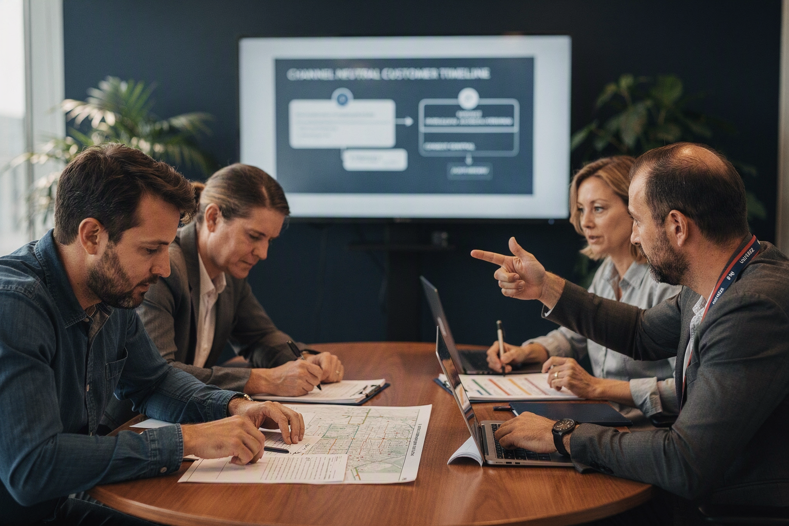 A cross-functional review meeting with a CRM architect, customer-operations manager, security specialist, privacy counsel,