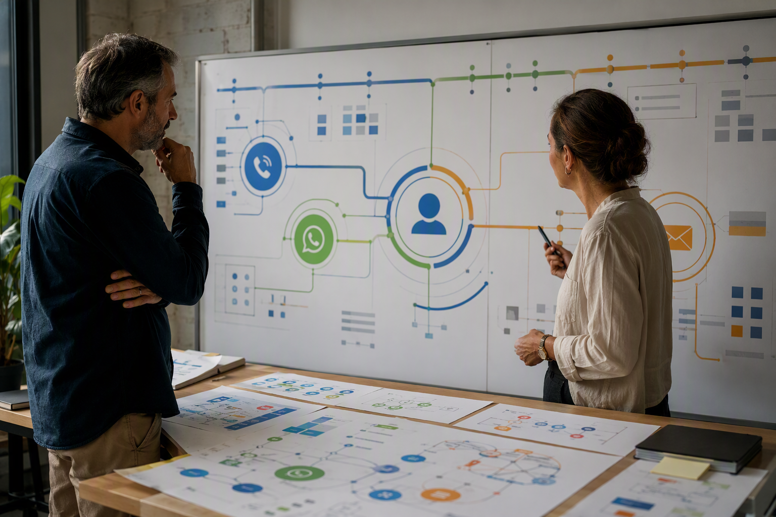 A customer-service operations lead and a data architect collaborating beside a wall-sized customer journey display in a