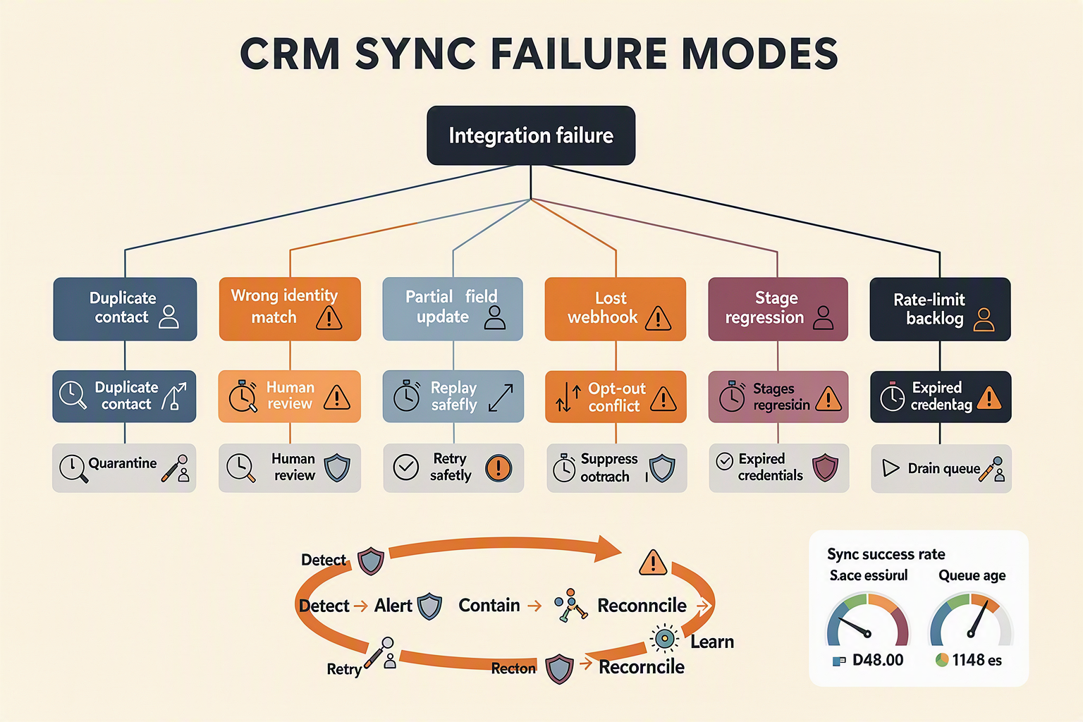 A fault-tree and recovery-loop infographic titled CRM SYNC FAILURE MODES