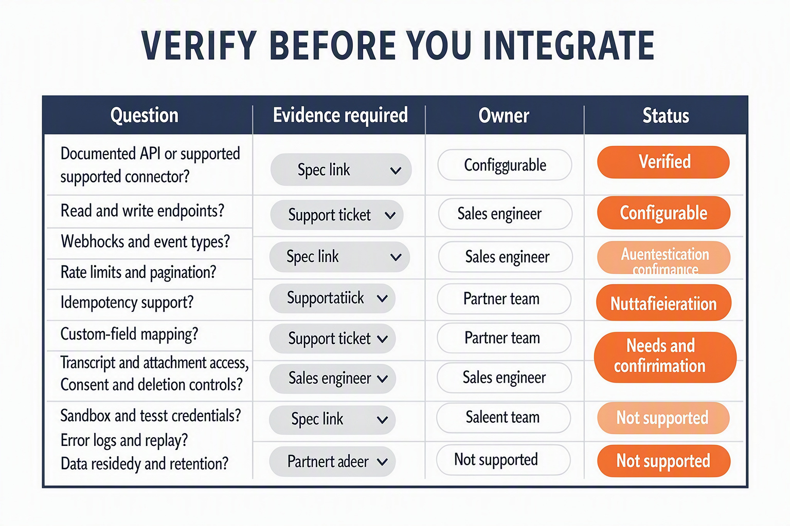 An evidence-register table titled VERIFY BEFORE YOU INTEGRATE with columns labelled Question, Evidence required, Owner, and