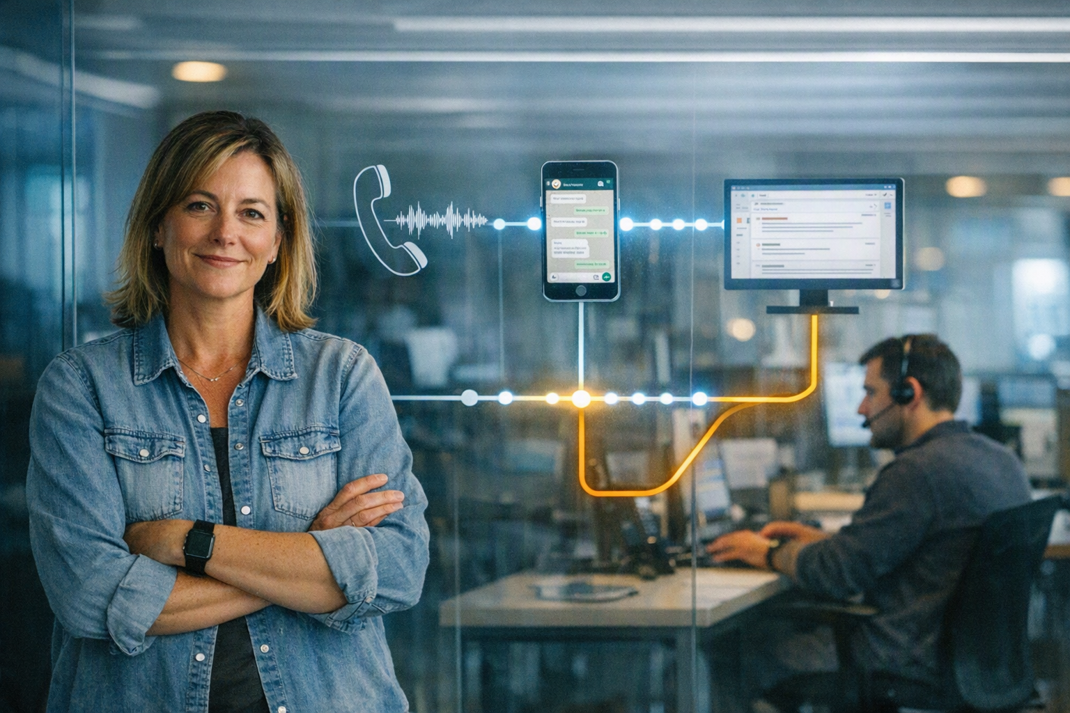 A customer support lead standing beside a transparent operations wall that connects three active service channels: a