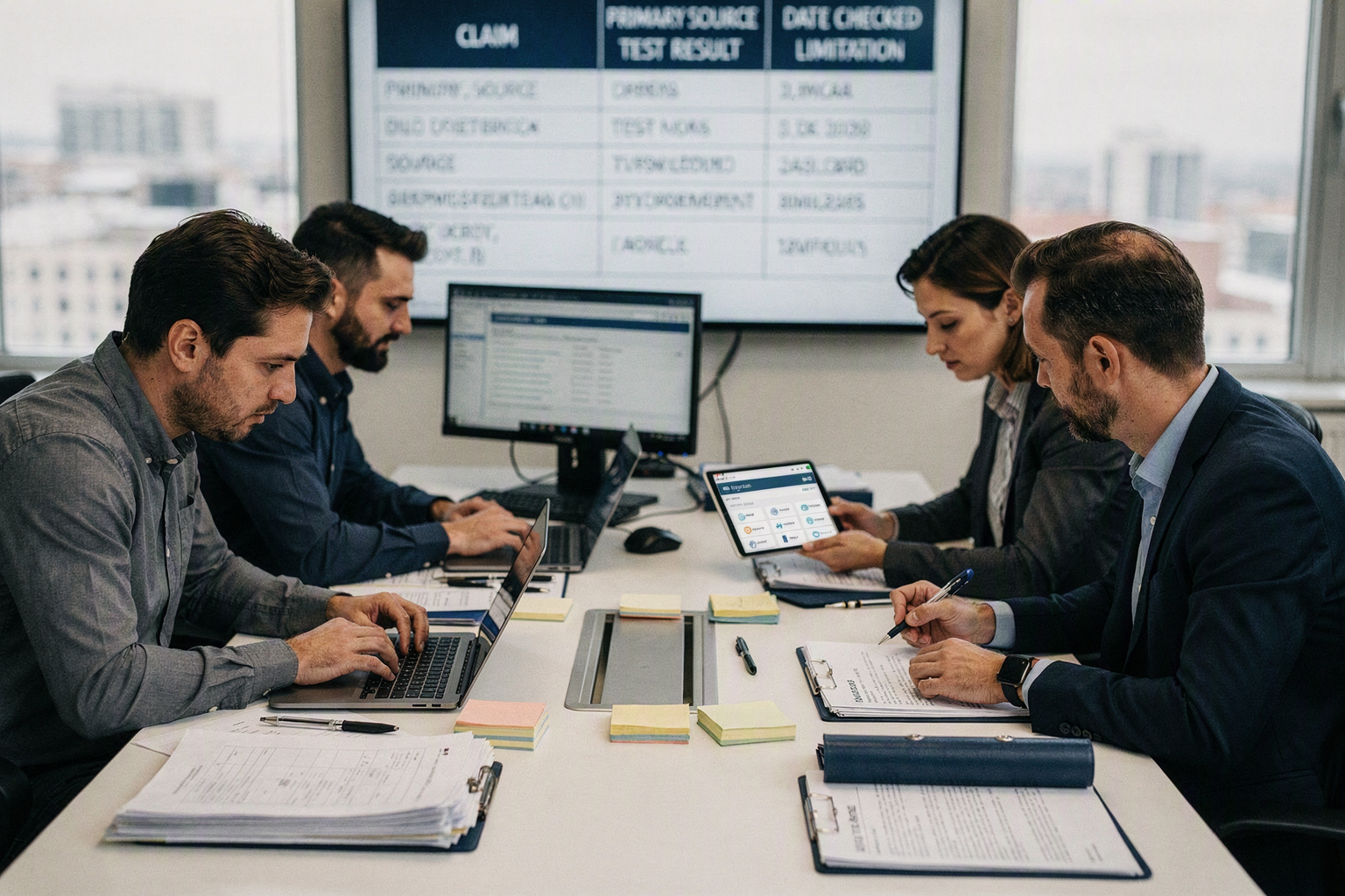 An evidence-review workshop with a product analyst, security specialist, customer support leader, and compliance adviser