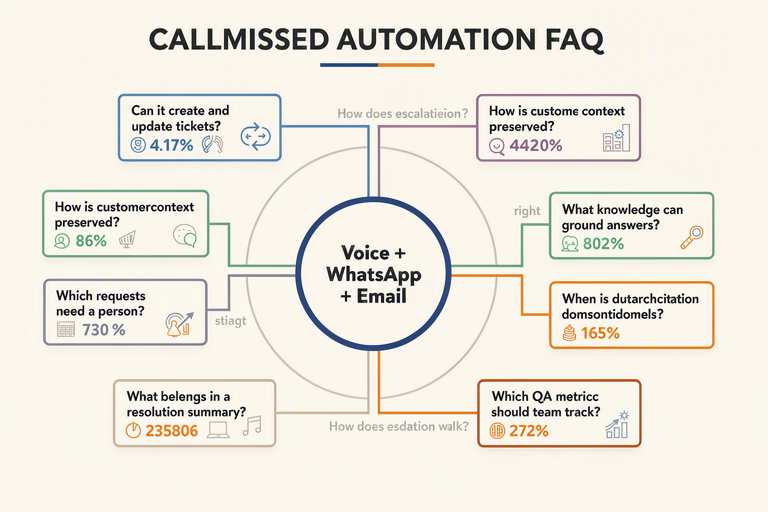 A radial FAQ infographic titled CALLMISSED AUTOMATION FAQ with a central circle labelled Voice + WhatsApp + Email and eight