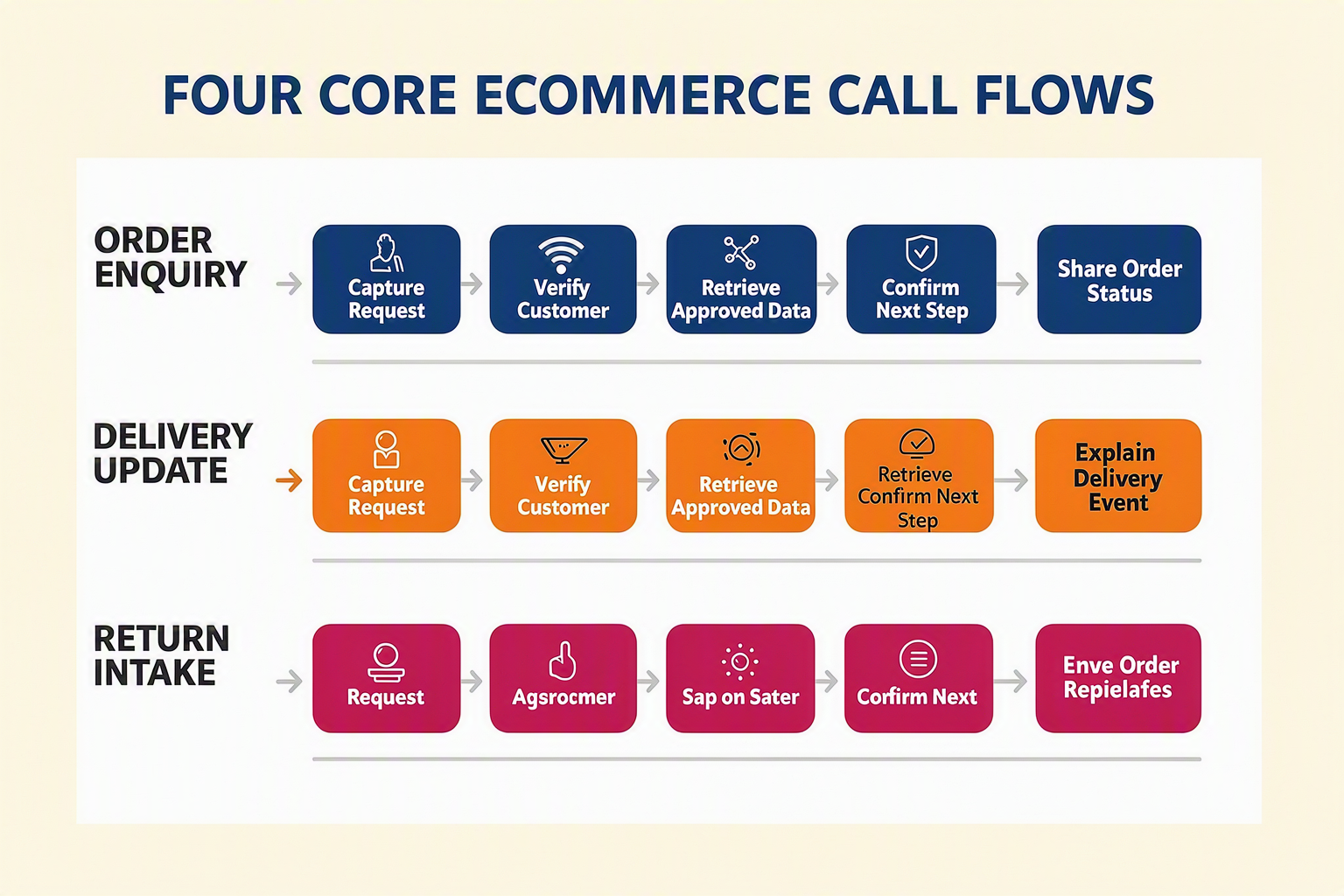 FOUR CORE ECOMMERCE CALL FLOWS शीर्षक वाला चार-लेन प्रक्रिया इन्फोग्राफ़िक