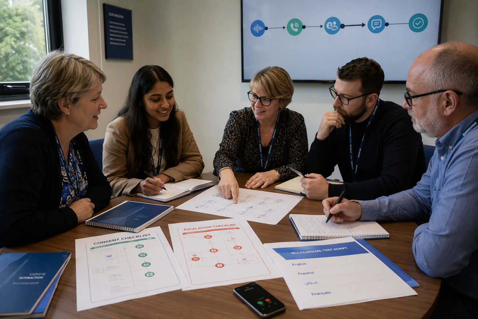 A multidisciplinary review meeting in a modern training institute conference room, with an admissions manager, student