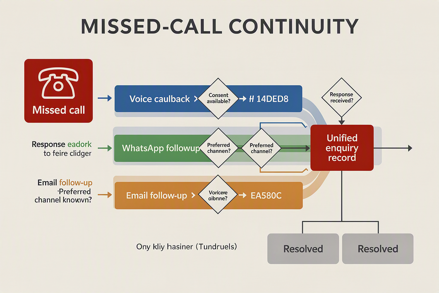 A detailed omnichannel journey map titled MISSED-CALL CONTINUITY beginning with a red telephone event labelled Missed call