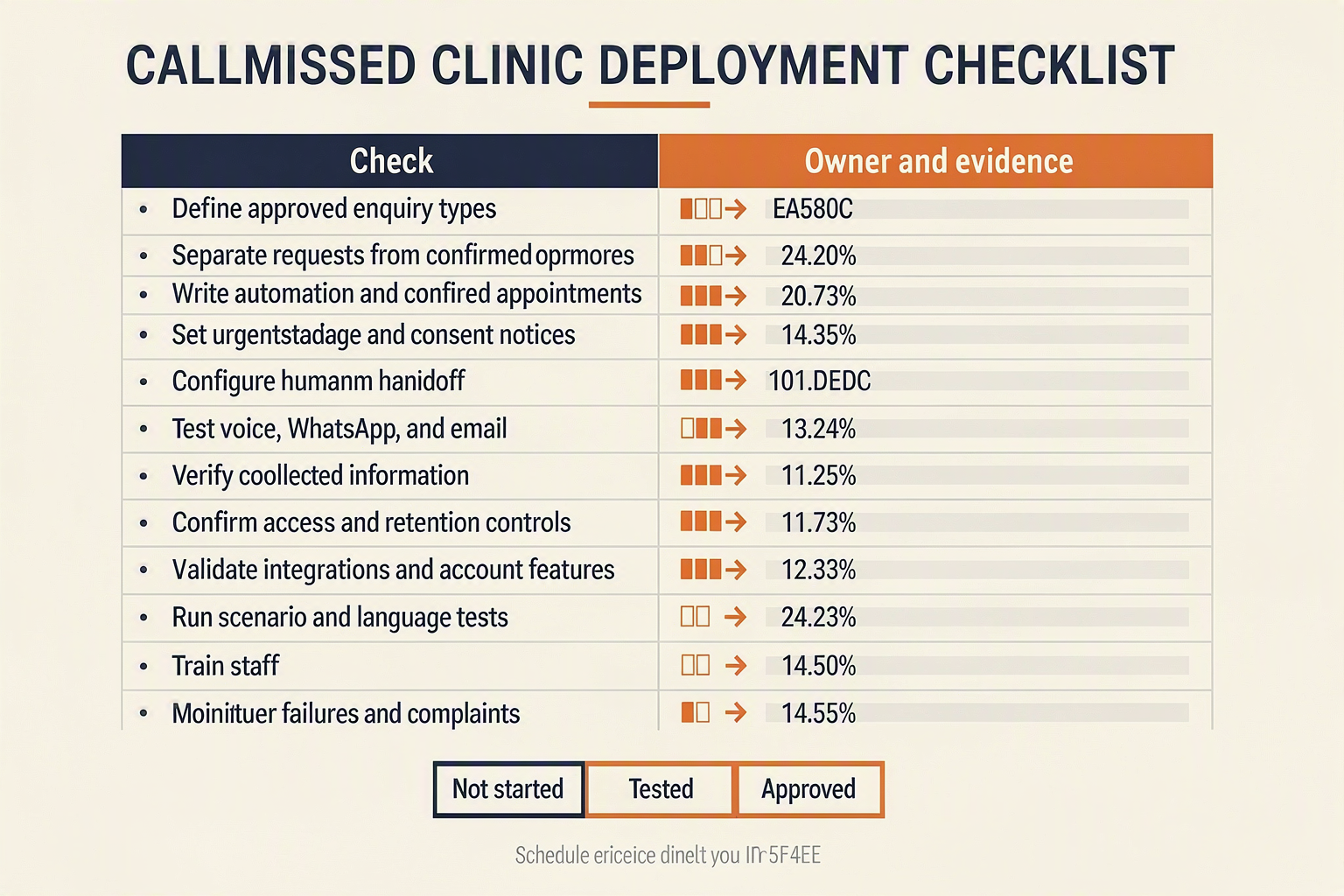 A two-column deployment checklist titled CALLMISSED CLINIC DEPLOYMENT CHECKLIST with column headers Check and Owner and