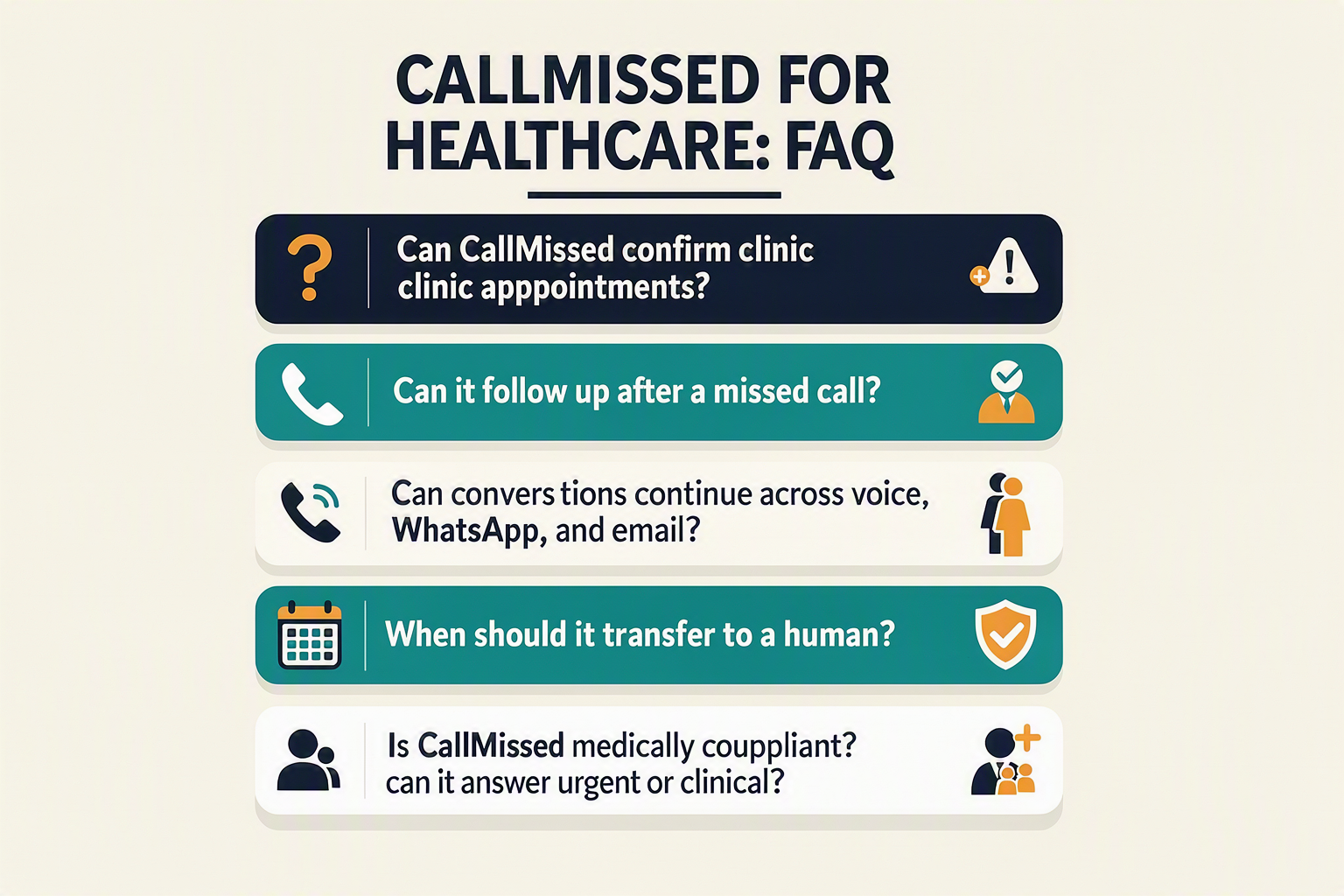A clean FAQ infographic titled CALLMISSED FOR HEALTHCARE: FAQ with six stacked question cards labelled exactly Can