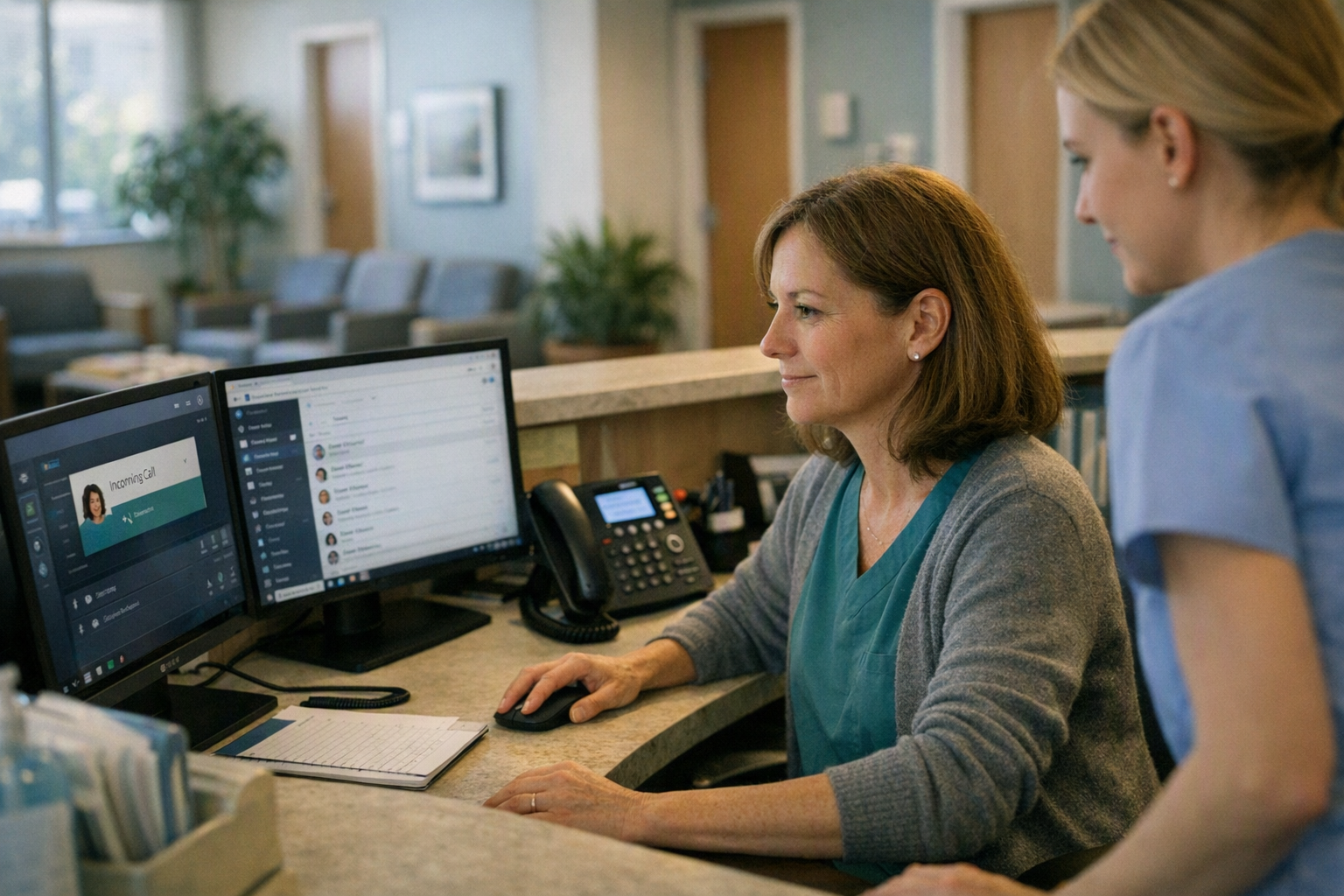 A patient services coordinator seated at a bright, orderly clinic reception desk, calmly monitoring a ringing business phone
