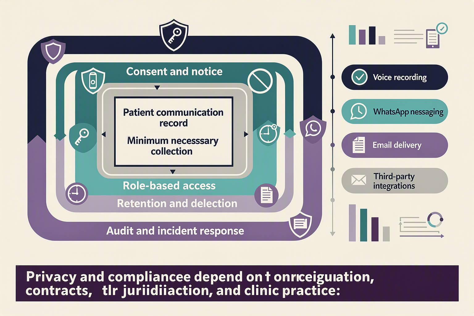 A layered privacy-governance infographic titled CLINIC COMMUNICATION DATA CONTROLS