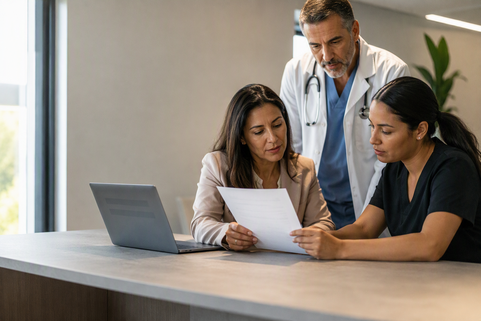 A multidisciplinary clinic governance meeting in a glass-walled conference room, with a practice manager, receptionist lead,