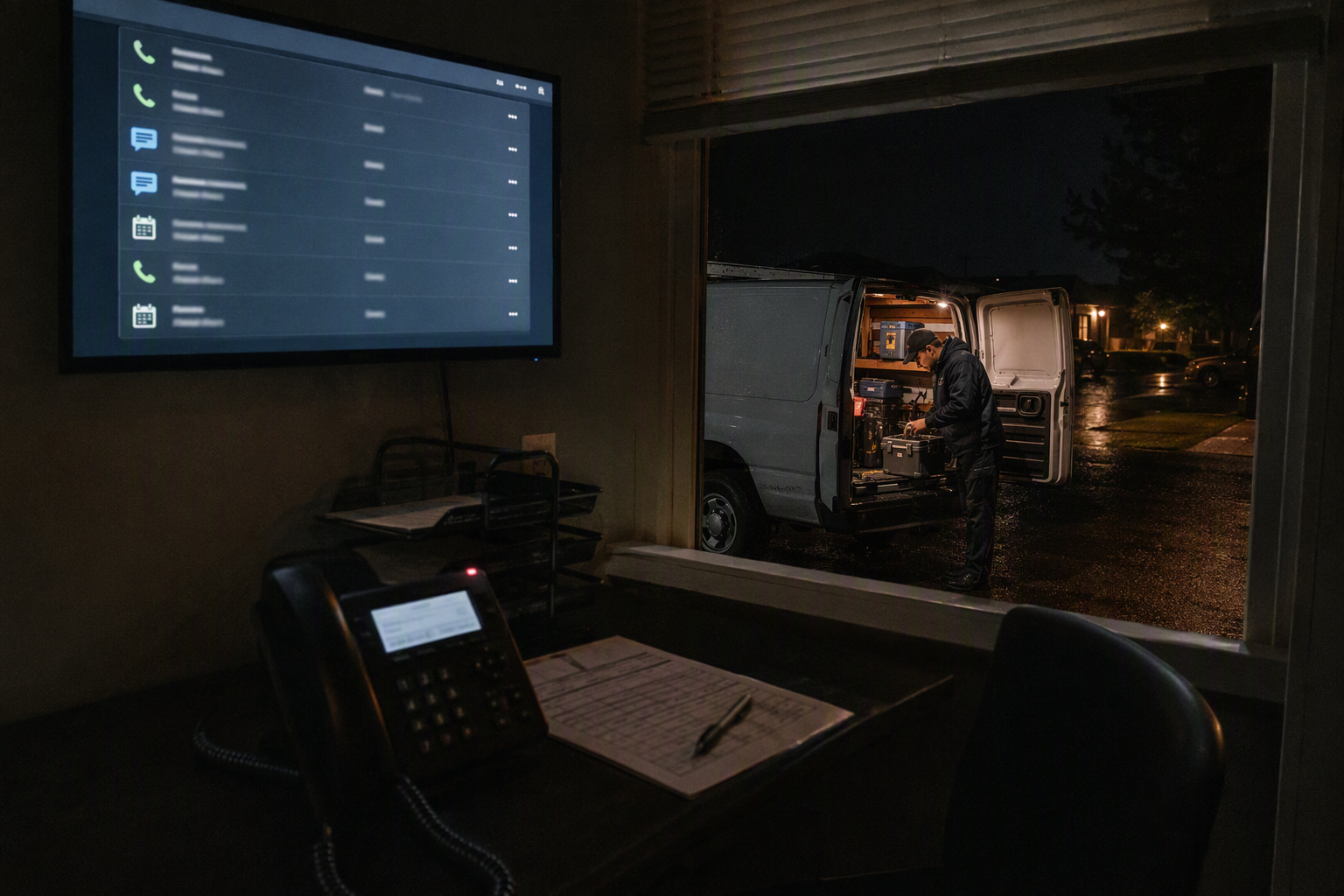 A quiet residential neighborhood late at night after heavy rain, with an HVAC service van parked beside a dark dispatch