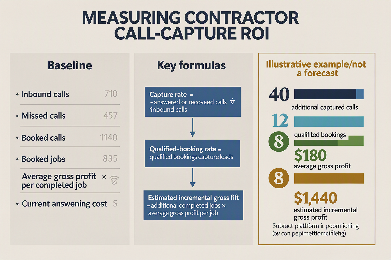 A measurement-dashboard infographic titled MEASURING CONTRACTOR CALL-CAPTURE ROI with three panels