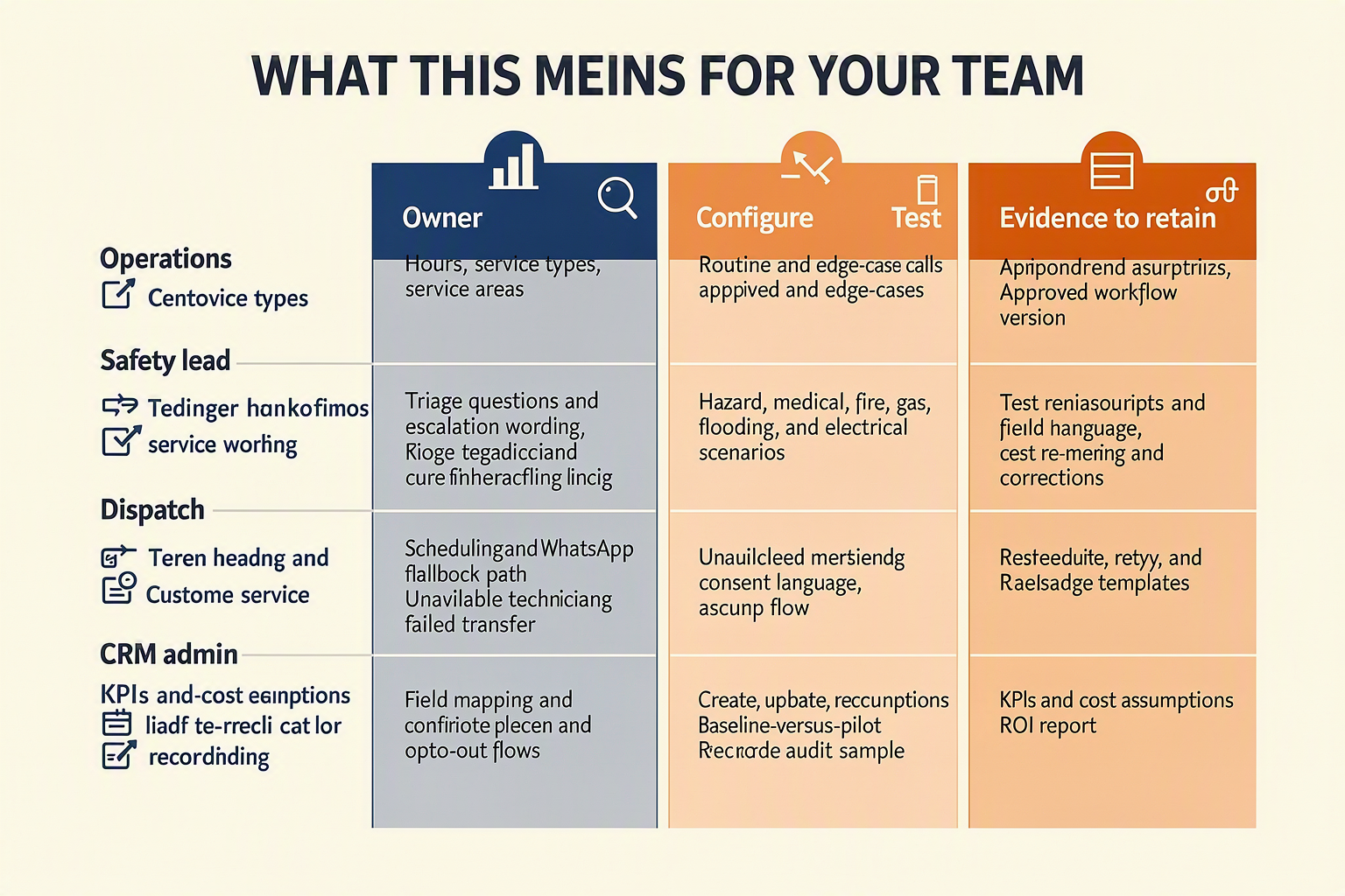 A launch-readiness matrix infographic titled WHAT THIS MEANS FOR YOUR TEAM with columns Owner, Configure, Test, and Evidence