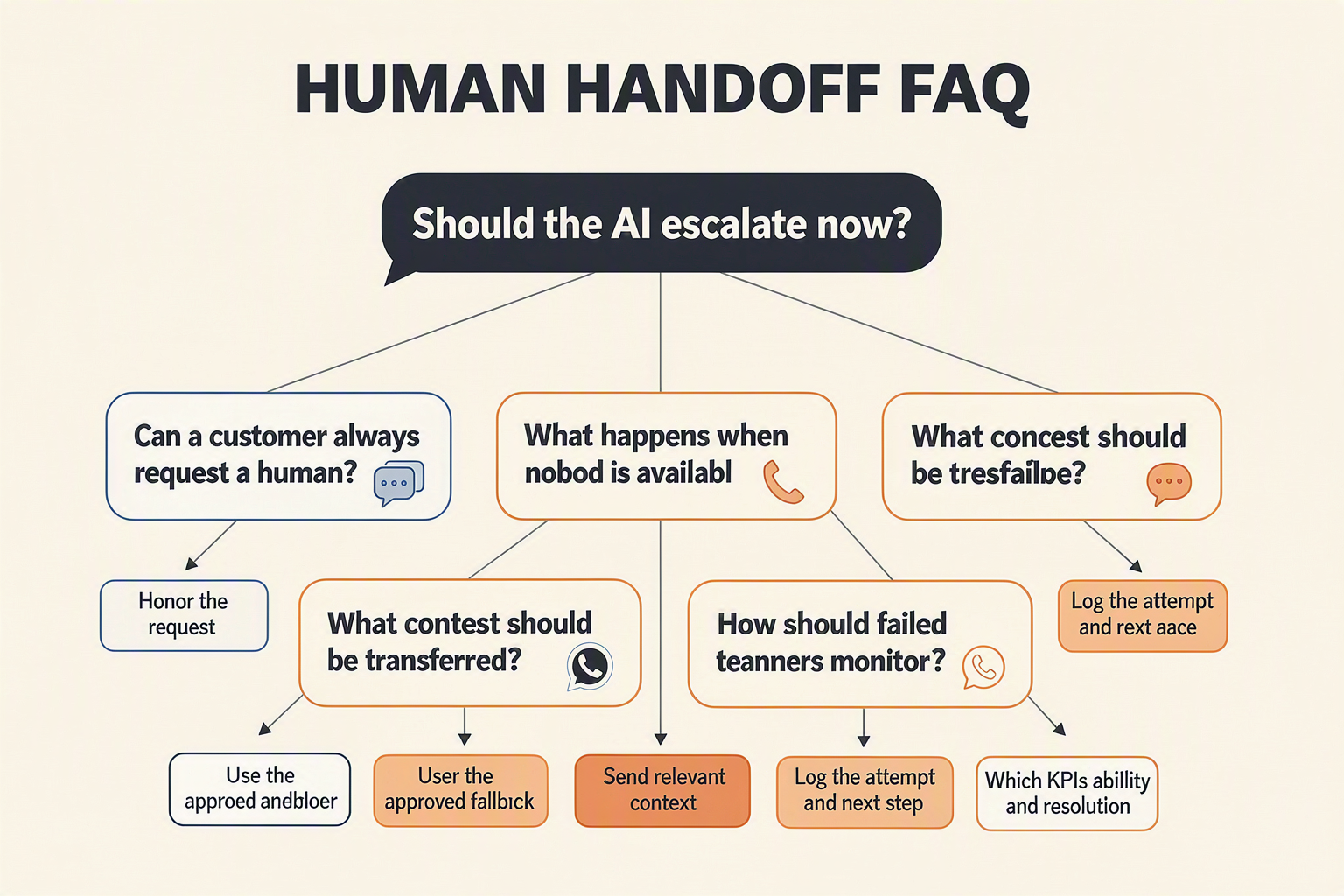 A concise FAQ decision-tree infographic titled HUMAN HANDOFF FAQ
