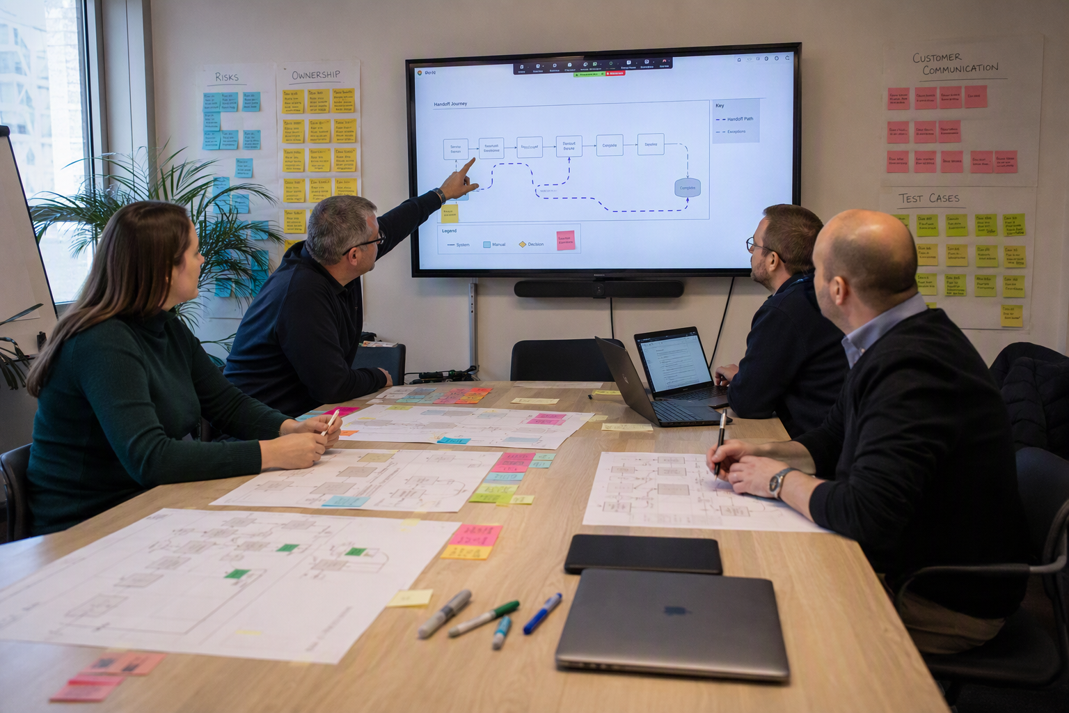 A cross-functional review workshop in a bright conference room, with a support lead, operations manager, compliance adviser,