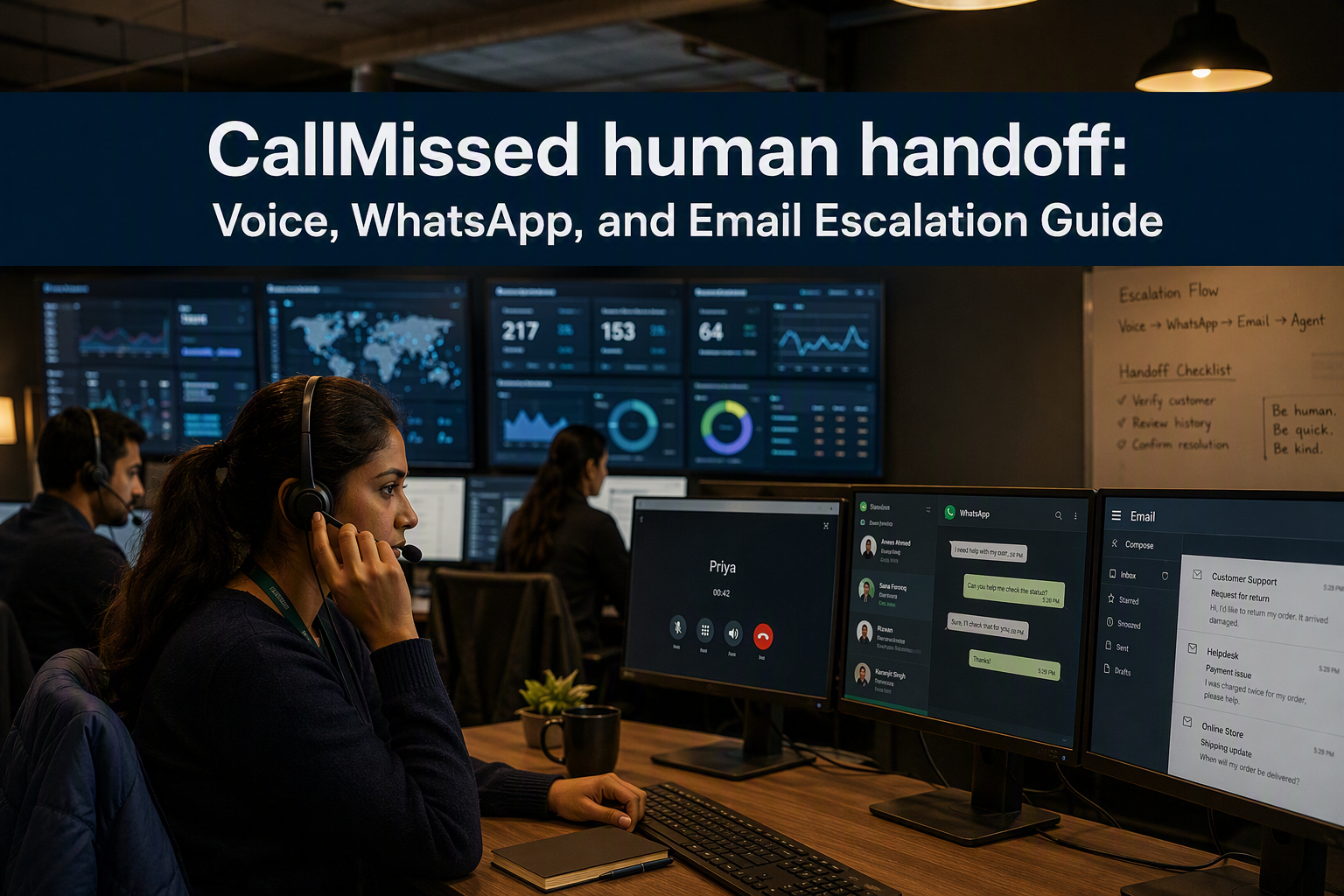 CallMissed: دليل تصعيد التحويل إلى موظف بشري عبر المكالمات الصوتية وواتساب والبريد الإلكتروني