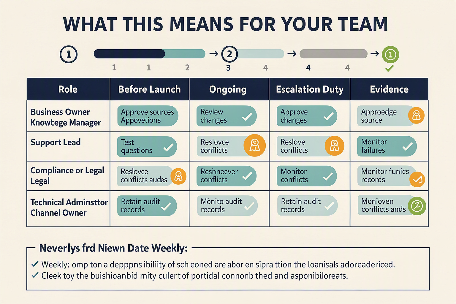A responsibility matrix infographic titled WHAT THIS MEANS FOR YOUR TEAM