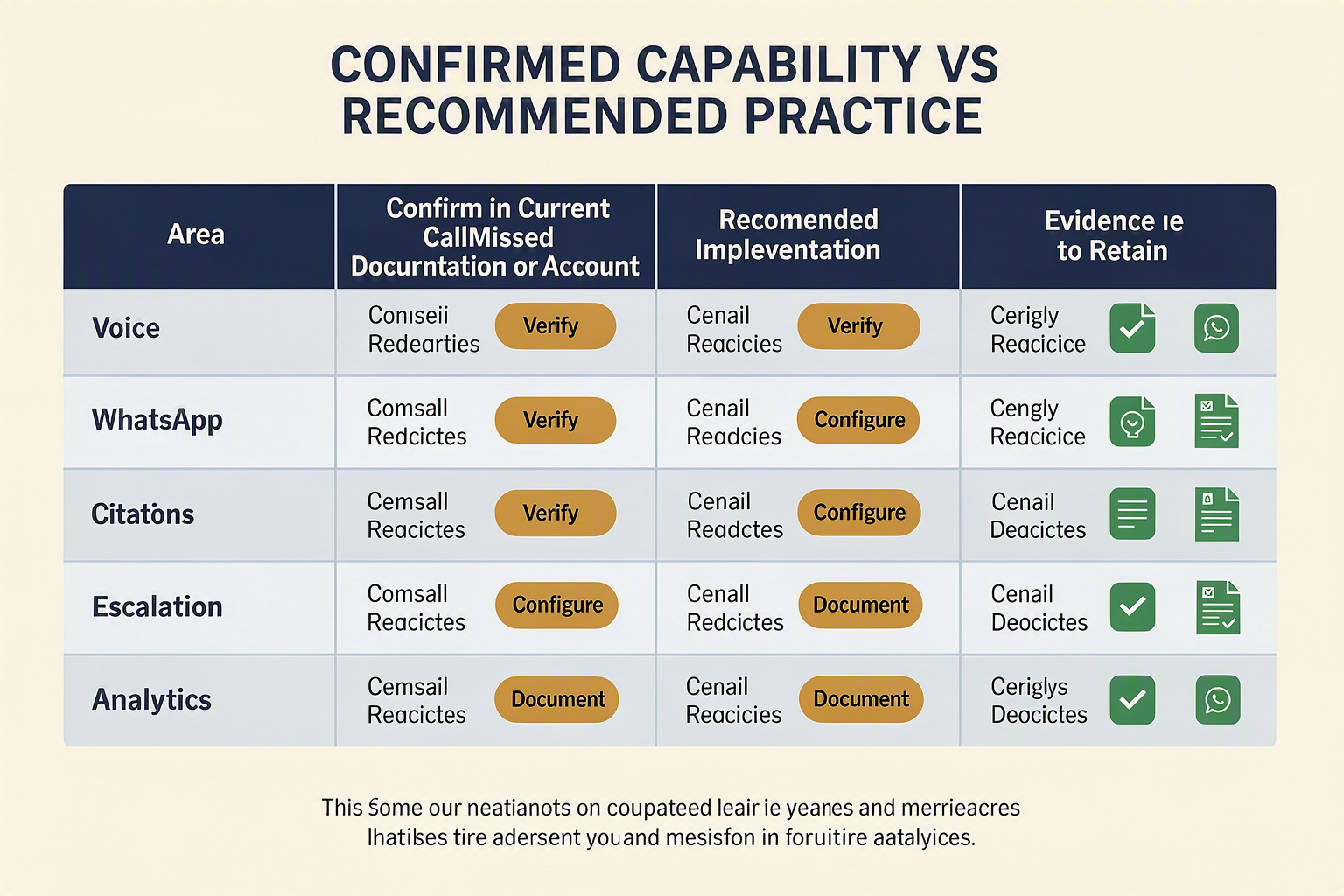 A precise comparison-table infographic titled CONFIRMED CAPABILITY VS RECOMMENDED PRACTICE