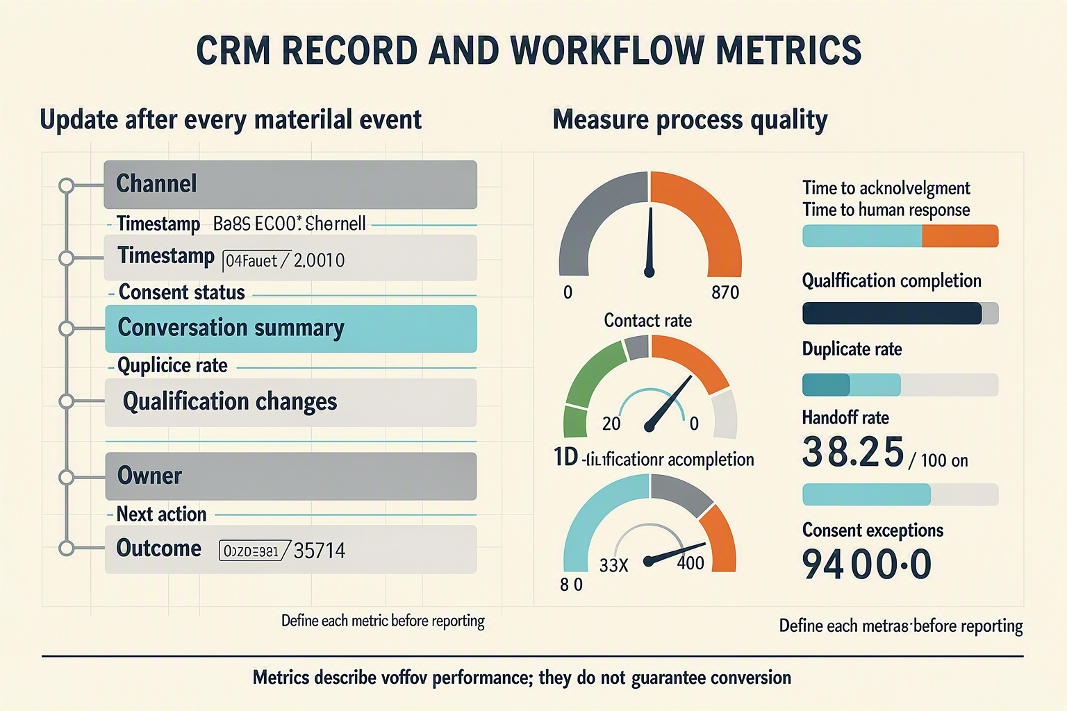 A dashboard-style infographic titled CRM RECORD AND WORKFLOW METRICS split into two balanced panels