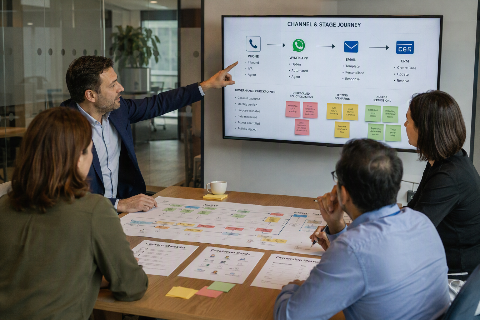 A cross-functional workshop in a glass meeting room, showing a sales leader, compliance specialist, CRM administrator and