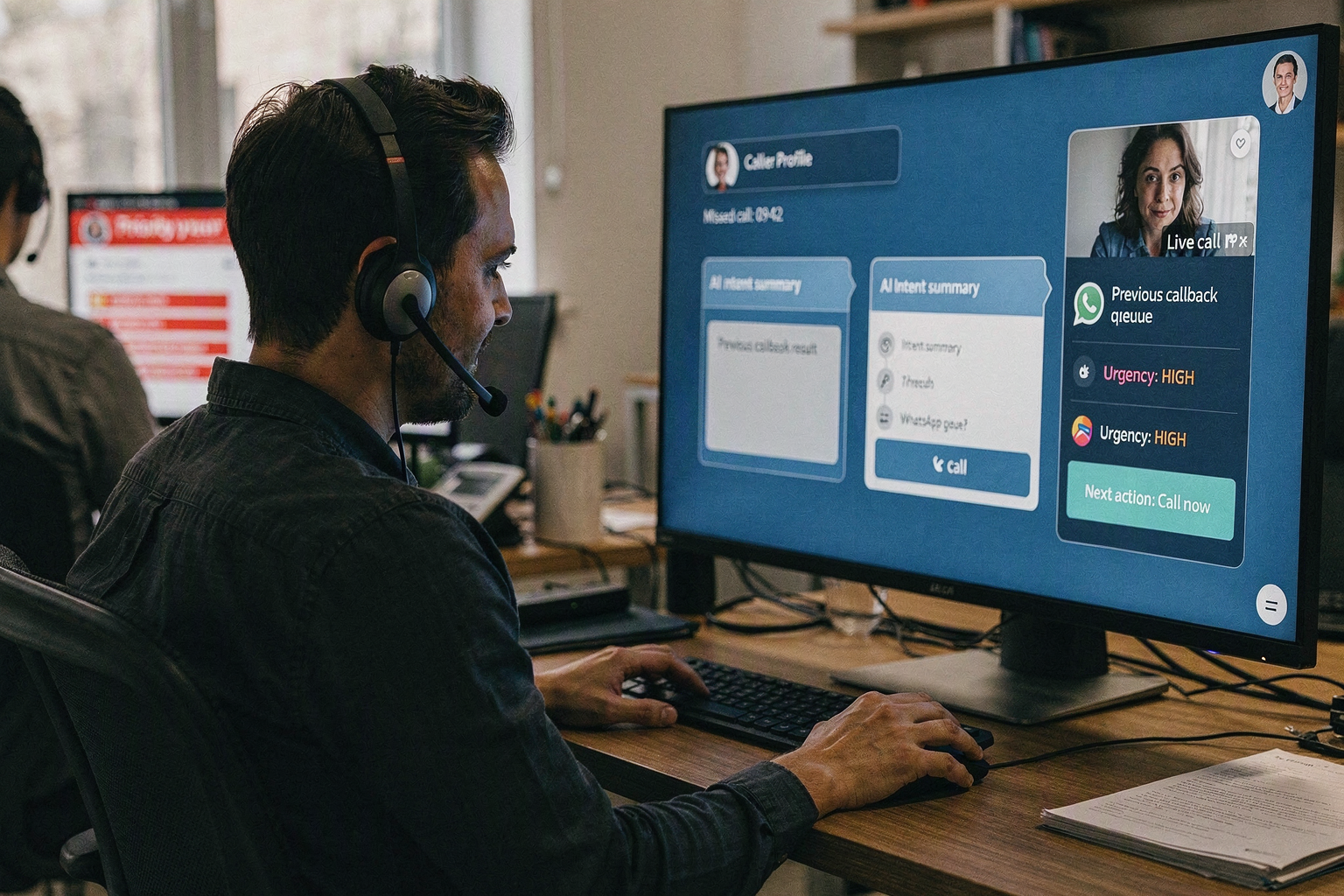A customer support lead in a bright operations room accepts a live escalation on a headset while a widescreen monitor