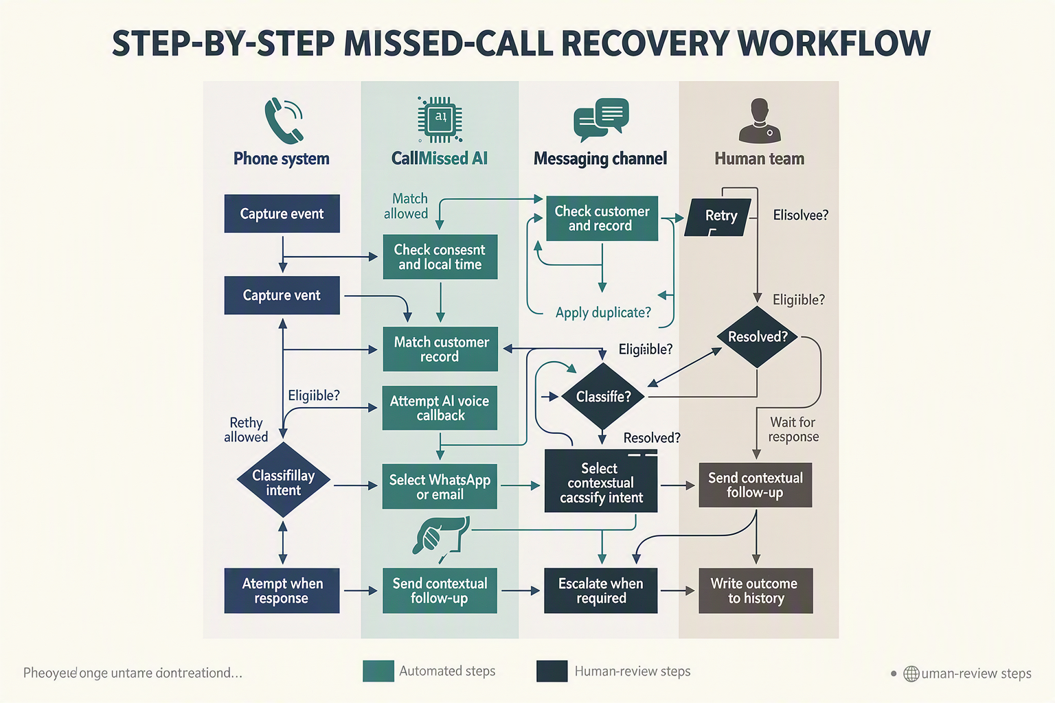 A detailed vertical swimlane infographic titled STEP-BY-STEP MISSED-CALL RECOVERY WORKFLOW with four lanes labelled Phone