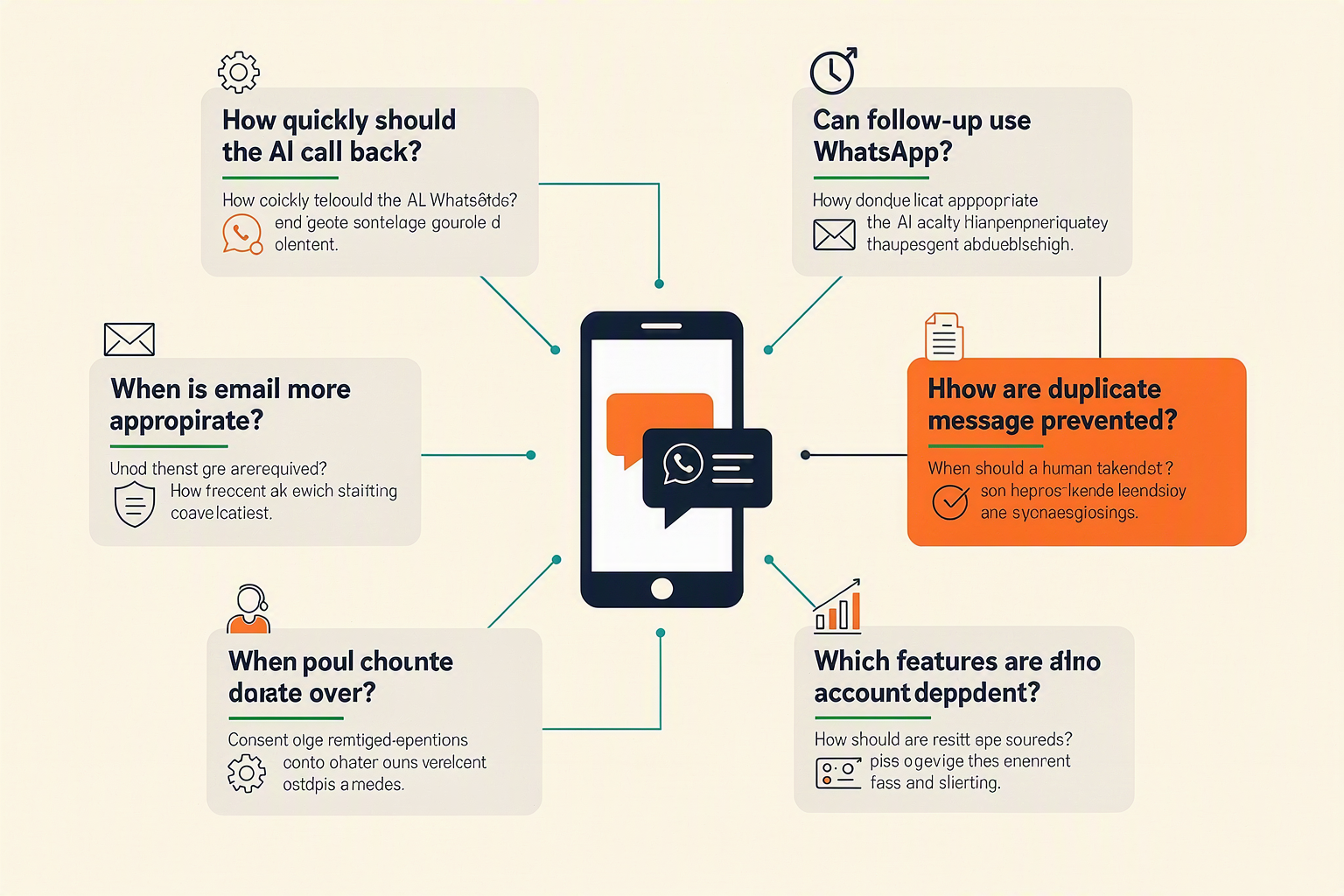 A clear FAQ knowledge-map infographic titled CALLMISSED RECOVERY FAQ with eight connected question cards arranged around a